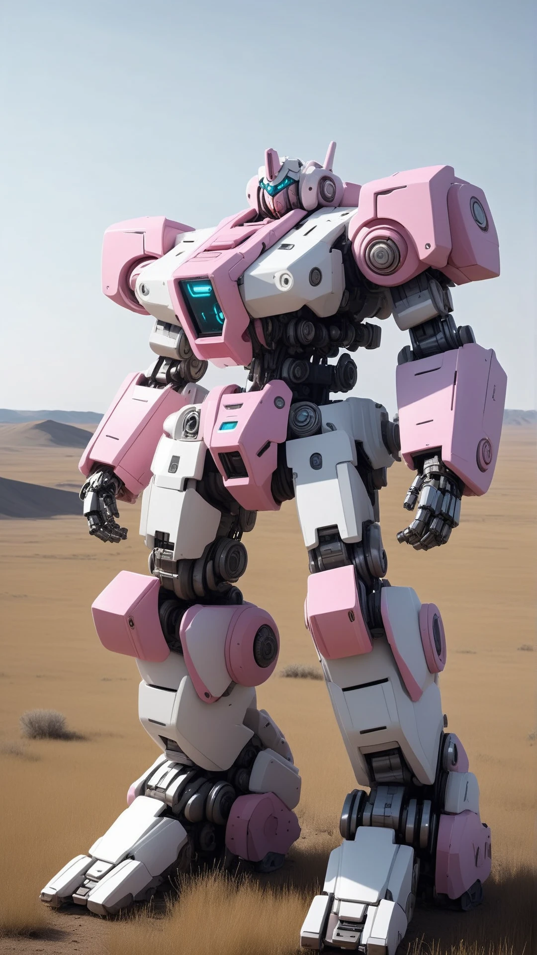 Cinematic photo of <lora:BarbieCoreXL:1> BarbieCore mech, in location: steppe, detailed background, dynamic angle, atmospheric