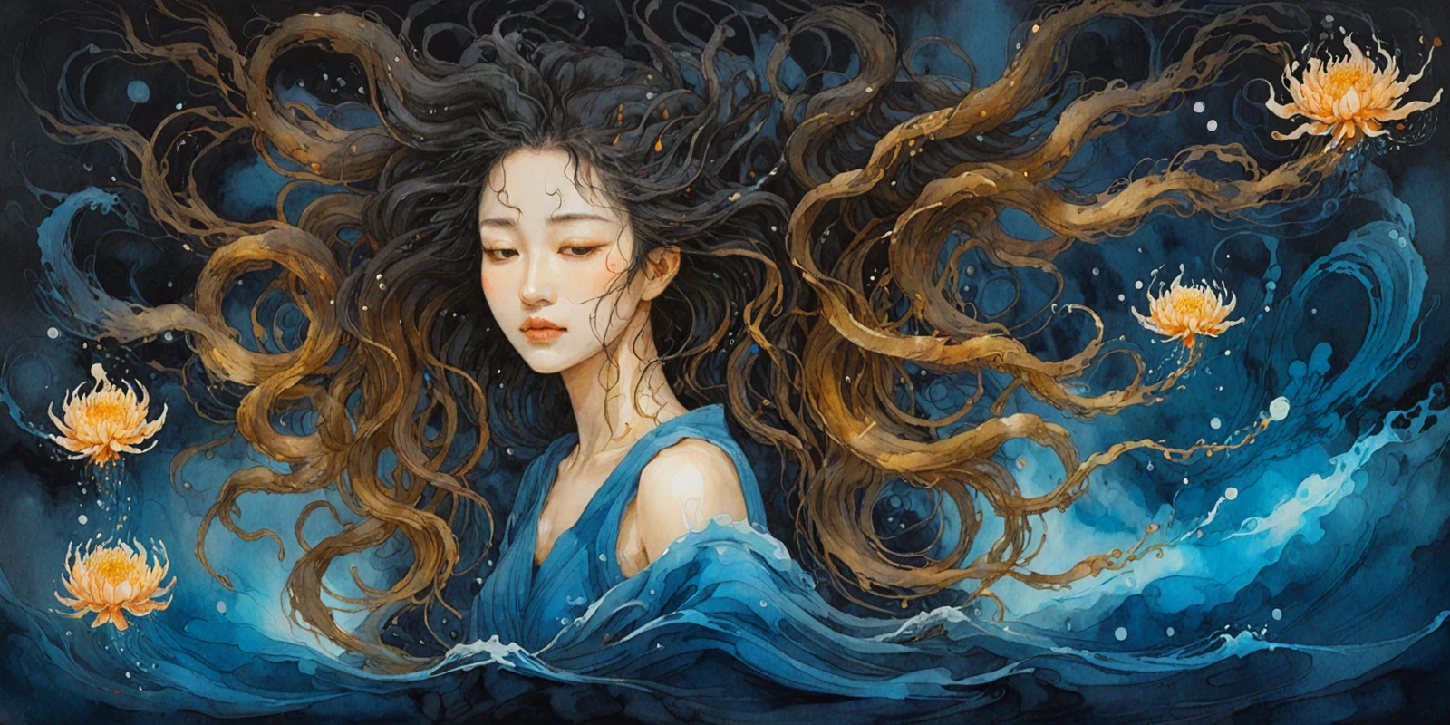 Goldeneast,illustration,chinese ink painting,myth,abstract,surrealistic,Oil painting strokes,deep ocean,monster,Floating hair,light particles,Glowing petals,<lora:Miracle-GoldenEast:0.65>,