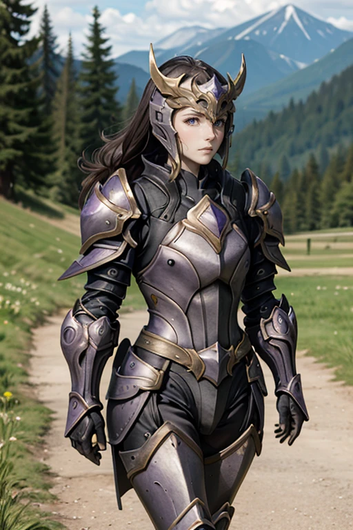 <lora:HXarmour_012:0.7>,hxarmour,1girl,(purple armour:1.3),moutain,walking,