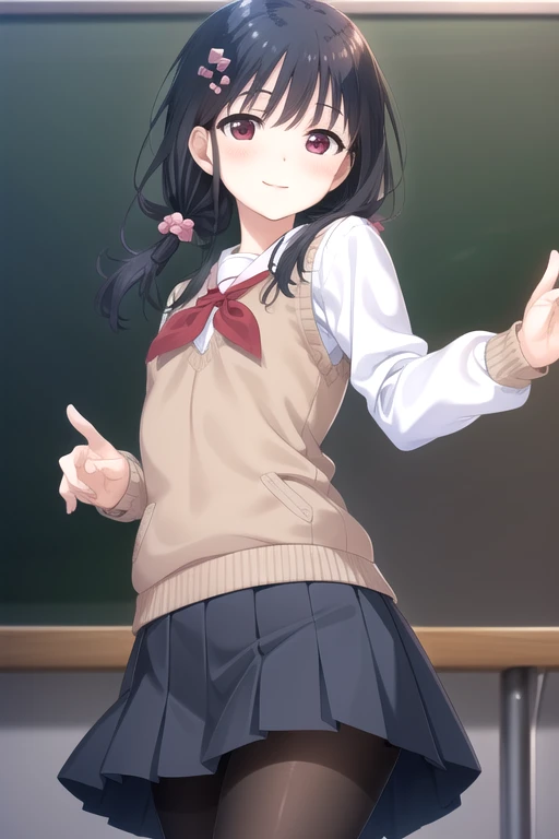 ((masterpiece)),(best quality),official art,extremely detailed CG,unity 8k wallpaper,ultra detailed,beautiful detailed eyes,extremely detailed face,classroom,1girl,solo,cowboy shot,looking at viewer,facing viewer,(petite:1.2),smile,Onami Akane,long hair,black hair,hair ornament,red eyes,sweater vest,serafuku,white shirt,long sleeve shirt,red neckerchief,small breasts,blue skirt,pleated skirt,plaid skirt,black pantyhose,loafers,<lora:Onami Akane(oazgs)>,