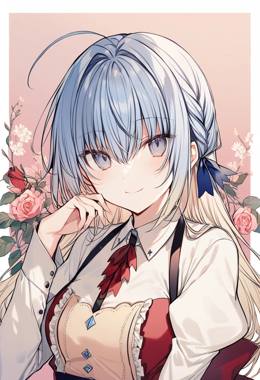 1girl, haiselita aldridge, official art, solo, smile, ahoge, long sleeves, blue eyes, white shirt, eyebrows visible through hair, looking at viewer, upper body, blush, hair between eyes, closed mouth, frills, collared shirt, hair ribbon, blue hair, hand up, blue ribbon, silver hair, red neckwear, braid, floral background, grey eyes, multicolored hair, hand on own chin, center frills, two-tone background, sidelocks, blonde hair, hair bow, gradient hair, neck ribbon, brown background, puffy sleeves, dress, pink background, very long hair, small breasts, white background, ascot, flower, juliet sleeves, rose, hair intakes, blue bow, frilled apron, wing collar, shiny hair, brown apron, shiny, medium breasts, suspenders, hand on own face, head tilt, red ribbon, dress shirt, frilled shirt, two-tone hair, simple background, waitress, finger to own chin, border, outside border, fingernails, white border, light smile, hand to own mouth, hand on own cheek, pink apron, sleeveless dress, white hair, blouse, maid, pinafore
 dress, uniform, gradient background, frilled sleeves, red apron, hair ornament, leaf background, leaf, floating hair, light blue hair, collared dress, portrait, masterpiece, best quality <lora:haiselita_aldridge_sdxl_locon_ani_v1:0.7>