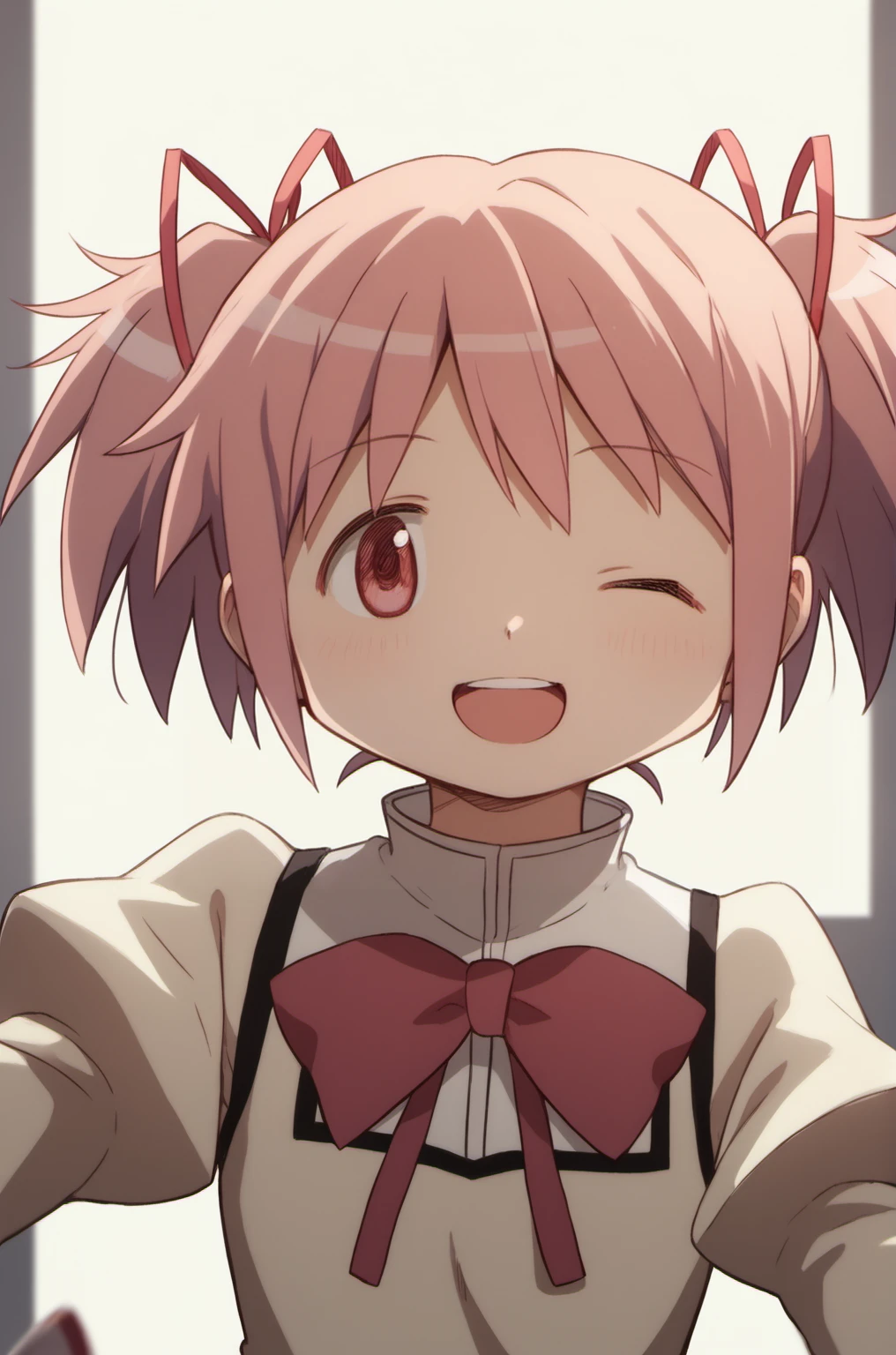 kaname madoka,madoka \(Puella Magi Madoka Magica\),1girl,twintails,short twintails,school uniform,hair ribbon,smile,bow,open mouth,one eye closed,<lora:madoka_pony:0.8>,, score_9,score_8_up,score_7_up,score_6_up,score_5_up,score_4_up,