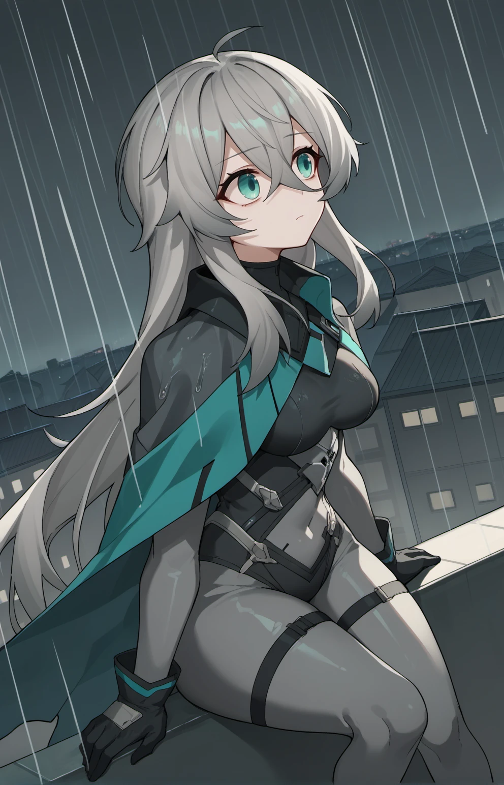 score_9, score_8_up, score_7_up, score_6_up, source_anime, cowboy shot, dutch angle, from side, 1girl, <lora:KatjaPDXL:1> katja, long hair, grey hair, aqua eyes, hair between eyes, grey bodysuit, black bodysuit, cape, gloves, medium breasts, ahoge, expressionless, sitting on edge, rooftop, night, rain,