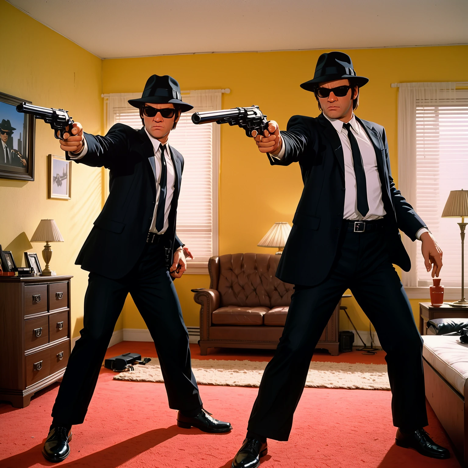 the blues brothers aiming hand cannons in the apartment scene from Pulp Fiction, embedding:dv_people\DV_Kim_Vicious_V2, men, tarantino, black suits, sunglasses, black fedoras,