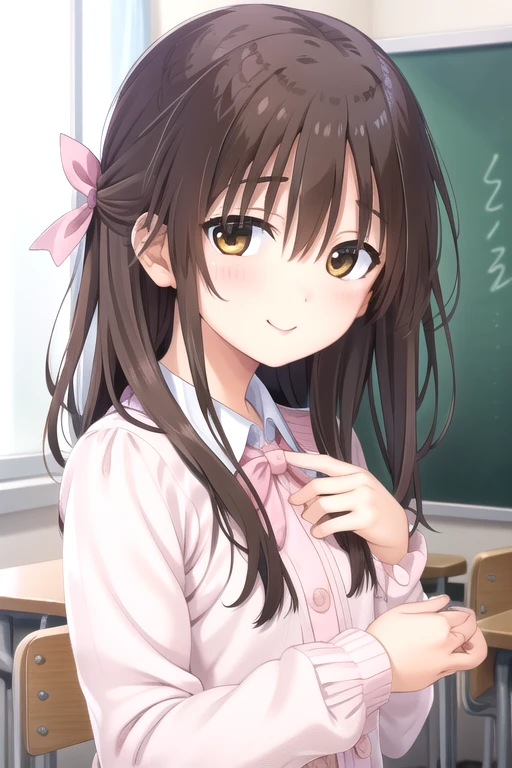 ((masterpiece)),(best quality),official art,extremely detailed CG,unity 8k wallpaper,ultra detailed,beautiful detailed eyes,extremely detailed face,classroom,1girl,solo,upper body,(portrait:1.5),looking at viewer,facing viewer,smile,Onami Sumi,brown hair,long hair,hair bow,hair ribbon,sidelocks,bangs,brown eyes,pink dress,collared dress,long sleeves,small breasts,bare legs,white socks,frilled socks,bobby socks,black footwear,<lora:Onami Sumi(oazgs)>,