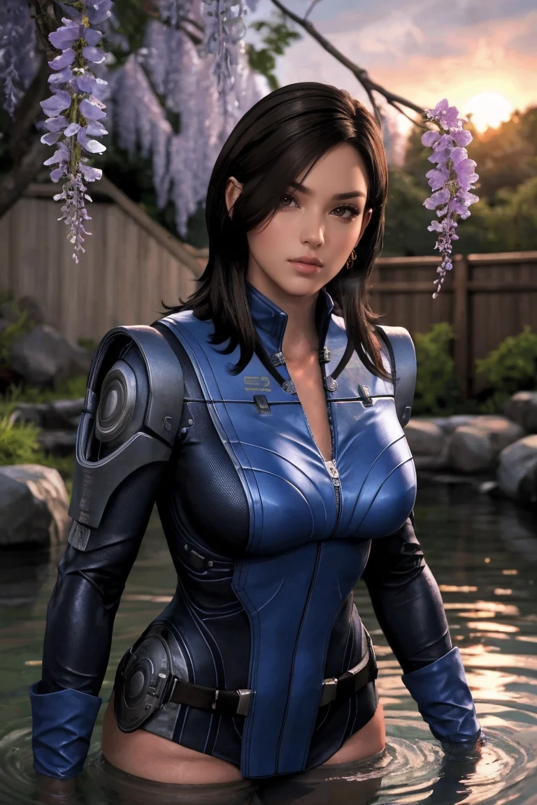 masterpiece, best quality, high quality, highres, wading,looking at viewer,solo,water, sunset, onsen, wisteria,moody lighting, BREAK, 
GAME_MassEffect_Ashley_ownwaifu, www.ownwaifu.com, 
1girl, long hair, lips,  breasts, black hair, brown eyes, nose, hair over one eye,large breasts,  collarbone, makeup,  bangs, thighs, 
bodysuit,gloves, jacket, uniform,  cleavage, shoulder pads, zipper, emblem, military,skin tight, blue bodysuit, holster, pilot suit, 
<lora:GAME_MassEffect_Ashley_ownwaifu-15:0.8>