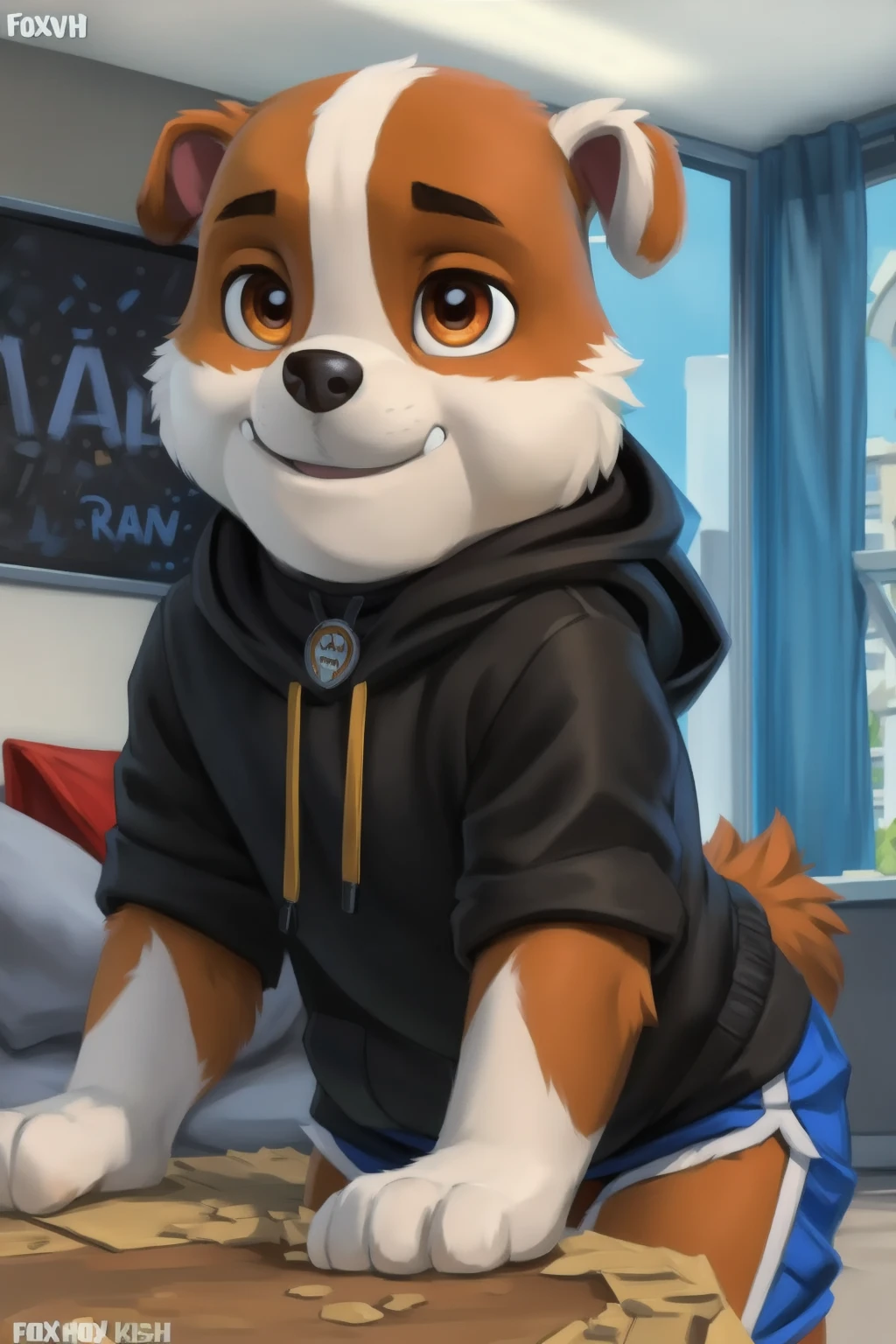 one slightly chubby young male corgi with small human blue eyes, no eyebrows, dark blue adidas tracksuit , no pants white briefs ,white ankle socks , no shirt , highly detailed lineart, realistic, 4k, best quality, masterpiece, studio lighting, vivid colors, physically-based rendering, white hands five finger, on transparent chair legs spread