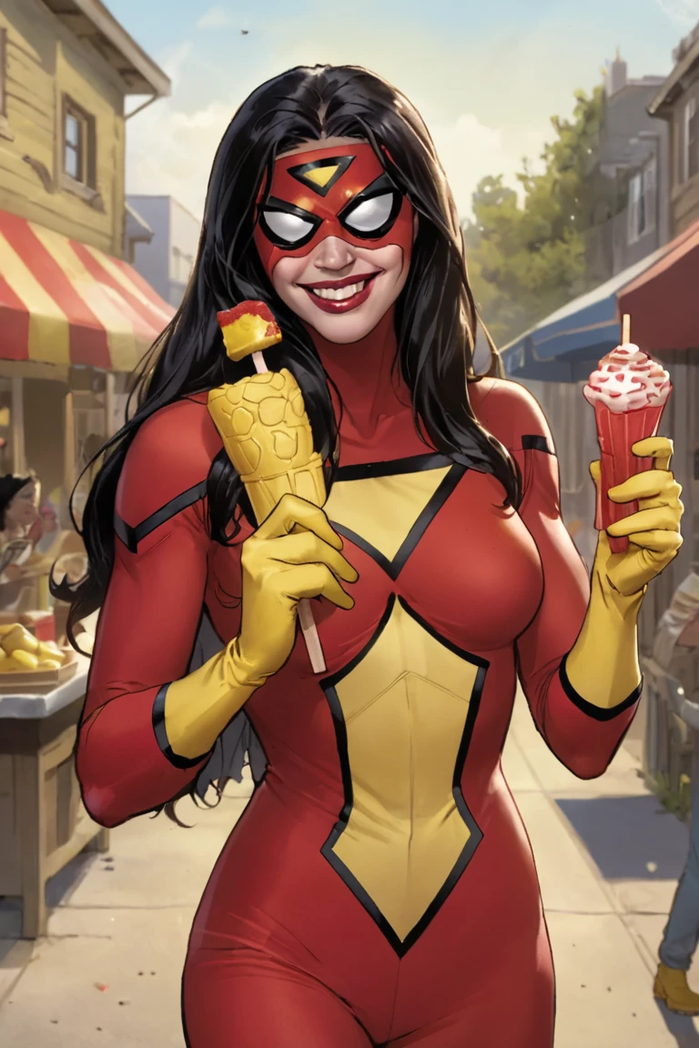 sw_jessicadrew, 1girl, solo, long hair, black hair, lipstick, white lenses, covered eyes, domino mask, superhero, red bodysuit, yellow gloves, yellow boots, portrait, upper body, smile, holding popsicle, holding food, standing, outdoors <lora:Spider-Woman (Jessica Drew) SDXL_LoRA_10r_5e_100i_nr32_a16:0.8>
