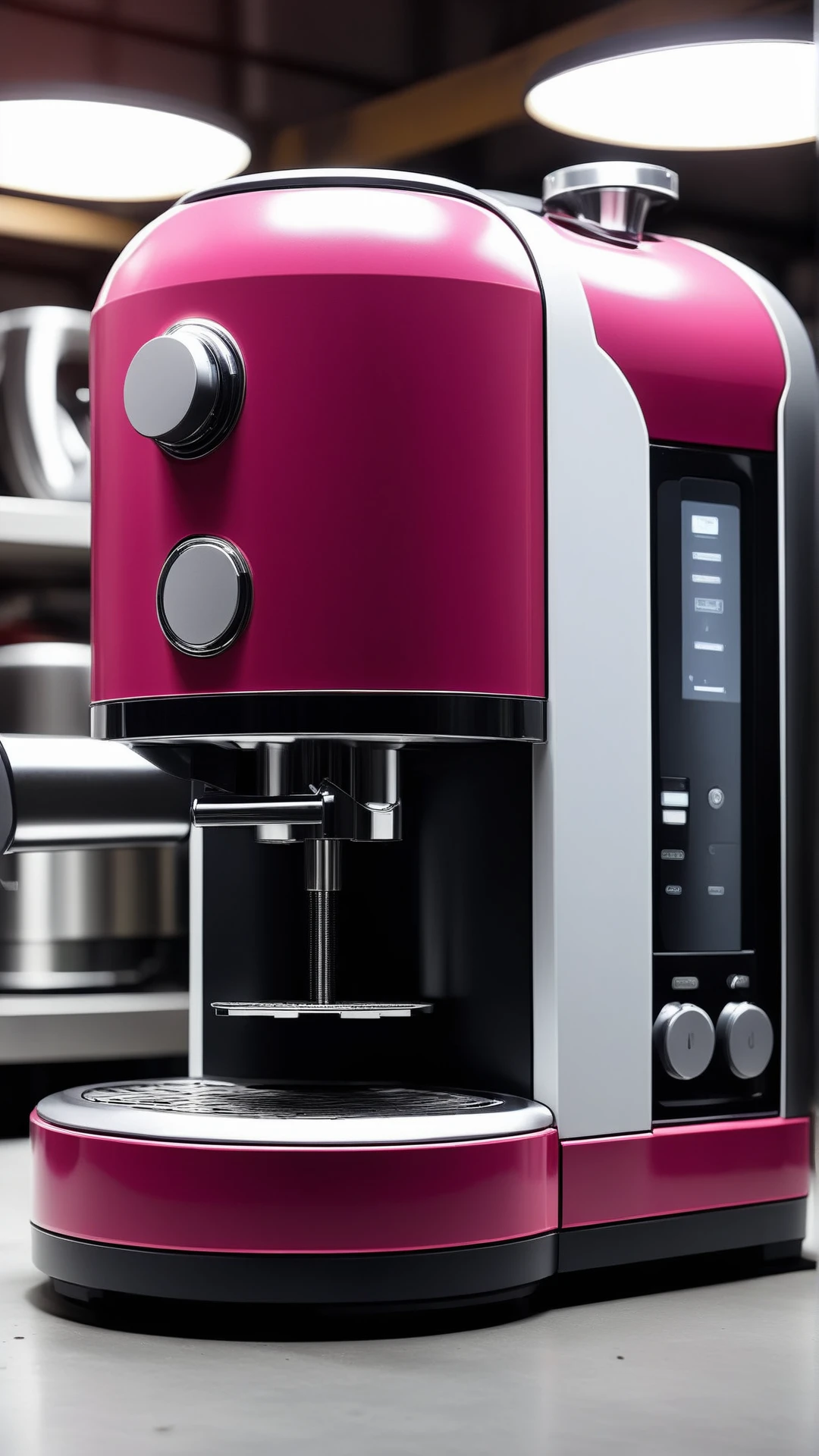 Cinematic photo of <lora:BarbieCoreXL:1> BarbieCore coffee machine, in location: garage, detailed background, game engine, unreal engine, atmospheric