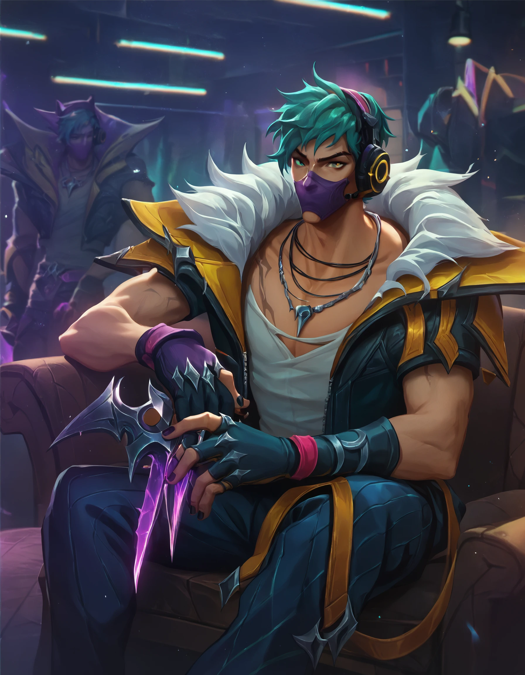 score_9, score_8_up, score_7_up, score_6_up, score_5_up, score_4_up, 1boy, blurry, fingerless gloves, gloves, headphones, headset, necklace, sitting, sword, weapon, Aphelios, League of Legends, hrstlxks style, solo, short hair, male focus, green hair, mouth mask, gloves, blue hair, jacket, black gloves, fingerless gloves, nail polish, black nails, cinematic lighting, cinematic angle, indoors, nightclub, <lora:HeartstlPonyXL:1>