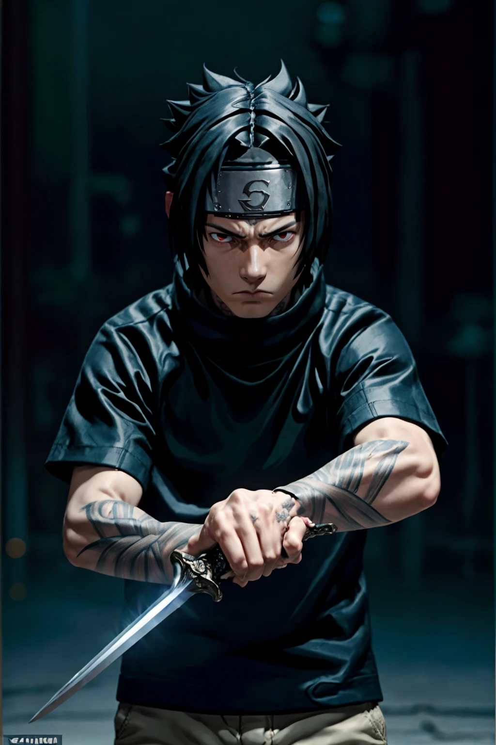 1kid, cinematic film still (best quality, masterpiece:1.2), photorealistic, ultra high res, front lighting, intricate detail, Exquisite details and textures, s4suk3, 1boy,spiked hair, (forehead protector), (headband), weapon, short sleeves, sword, ninja, high collar, (konohagakure symbol), short hair, sheathed, holding, japanese clothes, looking at viewer, detailed face, professional lighting, photon mapping, radiosity, physically-based rendering, . shallow depth of field, vignette, highly detailed, high budget, bokeh, cinemascope, moody, epic, gorgeous, film grain, grainy, Sasuke, Genin, long hair, beatiful boy, red eyes, with a big star shuriken, ((black flame tattoo in al body))<lora:EMS-179-EMS:0.500000>, <lora:EMS-316303-EMS:1.000000>