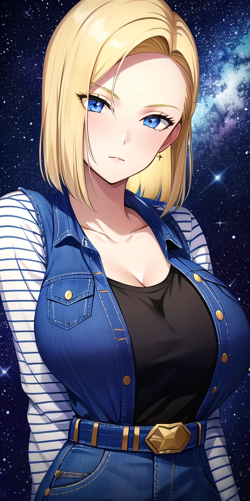 <lora:Lazuli18gouV2:0.7> lazuli18gou, huge_breasts, standing, solo, Black_shirt_striped_sleeves_long_sleeves_Denim_skirt_miniskirt_Belt,denim_vest, starry_sky,, masterpiece, best_quality, detailed_face, detailed_eyes, highres, beautiful, detailed, absurdres,