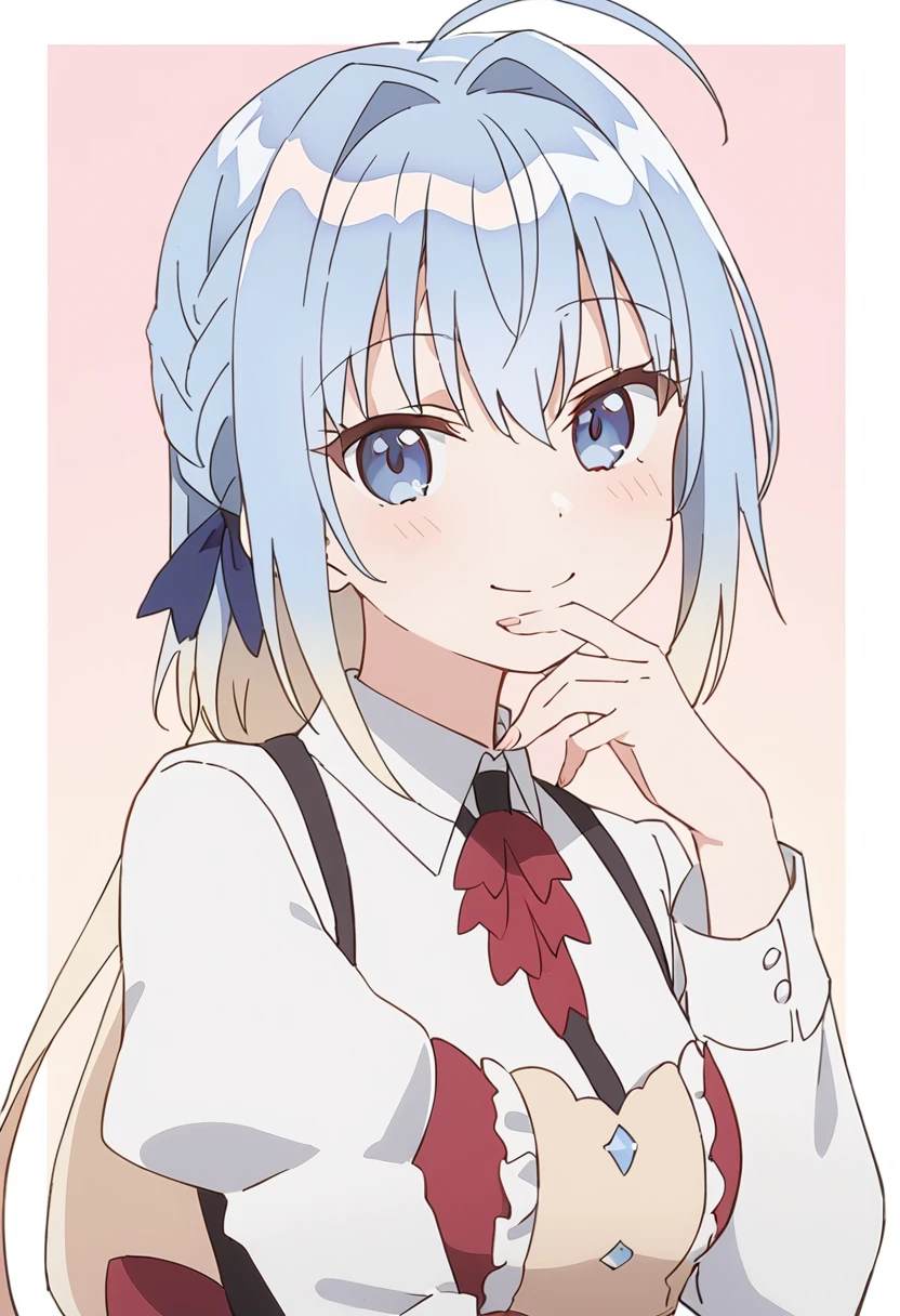 1girl, haiselita aldridge, anime screencap, solo, smile, ahoge, long sleeves, blue eyes, white shirt, eyebrows visible through hair, looking at viewer, upper body, blush, hair between eyes, closed mouth, frills, collared shirt, hair ribbon, blue hair, hand up, blue ribbon, silver hair, red neckwear, braid, floral background, grey eyes, multicolored hair, hand on own chin, center frills, two-tone background, sidelocks, blonde hair, hair bow, gradient hair, neck ribbon, brown background, puffy sleeves, dress, pink background, very long hair, small breasts, white background, ascot, flower, juliet sleeves, rose, hair intakes, blue bow, frilled apron, wing collar, shiny hair, brown apron, shiny, medium breasts, suspenders, hand on own face, head tilt, red ribbon, dress shirt, frilled shirt, two-tone hair, simple background, waitress, finger to own chin, border, outside border, fingernails, white border, light smile, hand to own mouth, hand on own cheek, pink apron, sleeveless dress, white hair, blouse, maid, pinafore
 dress, uniform, gradient background, frilled sleeves, red apron, hair ornament, leaf background, leaf, floating hair, light blue hair, collared dress, portrait, masterpiece, best quality <lora:haiselita_aldridge_sdxl_locon_ani_v1:0.7>