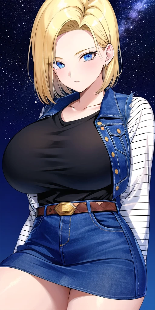 <lora:Lazuli18gouV1:0.7> lazuli18gou, huge_breasts, standing, solo, Black_shirt_striped_sleeves_long_sleeves_Denim_skirt_miniskirt_Belt,denim_vest, starry_sky,, masterpiece, best_quality, detailed_face, detailed_eyes, highres, beautiful, detailed, absurdres,