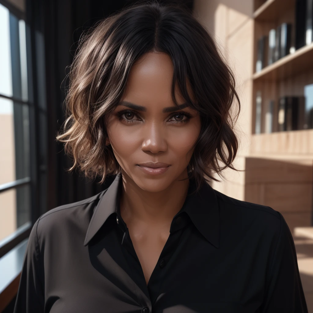Best_QualityPos, RAW photo, intricate details, best quality, 8k uhd, soft lighting, 1girl, solo, halle berry, brown eyes, black hair, short hair, dark skin, black collared shirt <lora:Halle_Berry:0.5> <lora:backlight_slider_v10:-0.5>