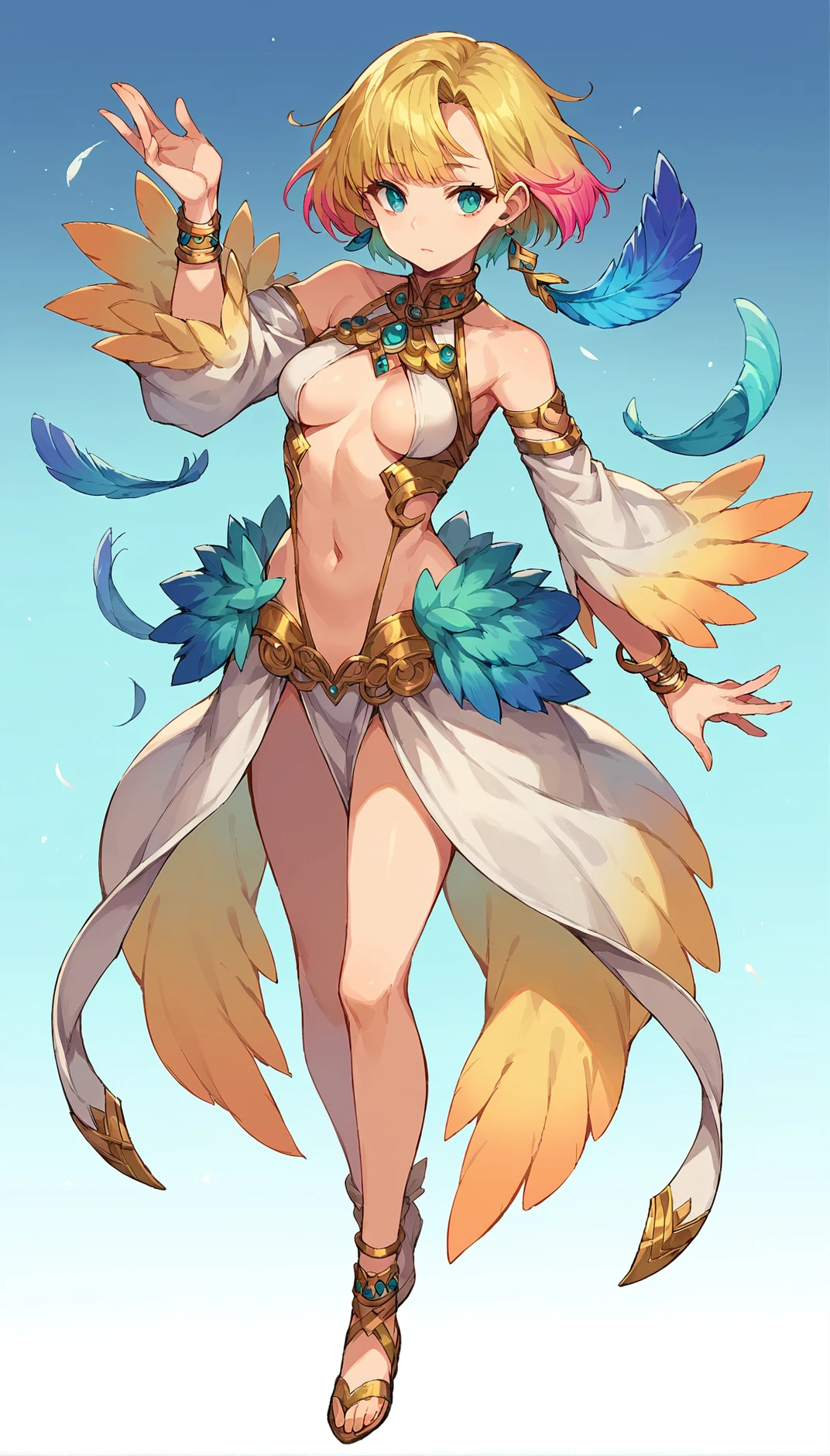 score_9, score_8_up, score_7_up, score_6_up, source anime, rating questionable, full body, from above, center opening, navel, 1girl, feather trim, solo, jewelry, blonde hair, earrings, multicolored hair, gradient hair, short hair, whorled clouds,