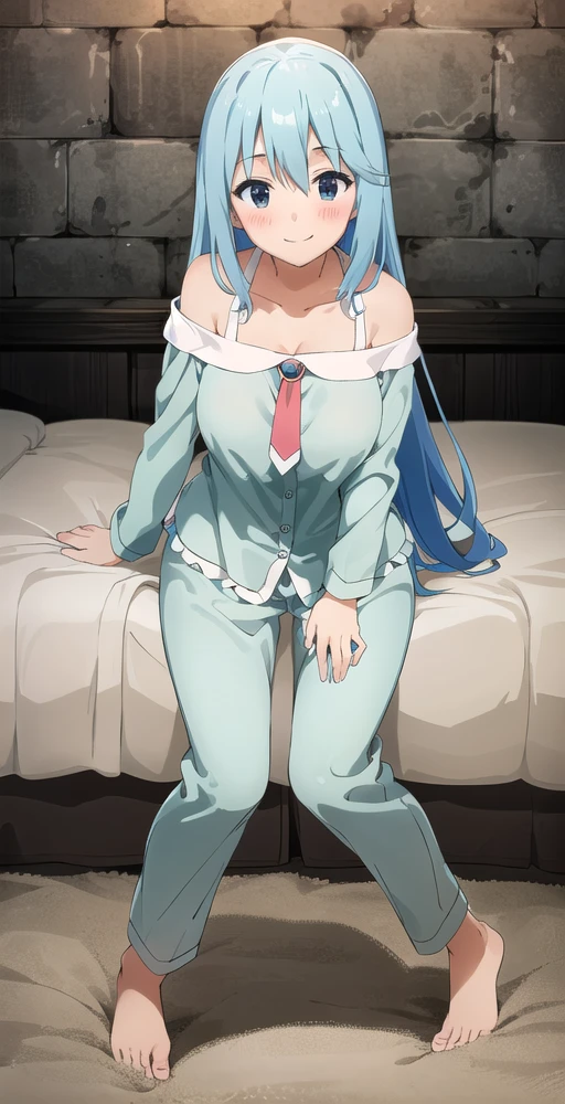 AquaV2, 1girl, solo, looking at viewer, smile, long hair, pajamas, long sleeves, broach tie, off shoulder, bare feet, blush, on all fours, on bed, perfect quality, good quality, masterpiece, HDR, UHD <lora:Aqua V2-000003:0.7>