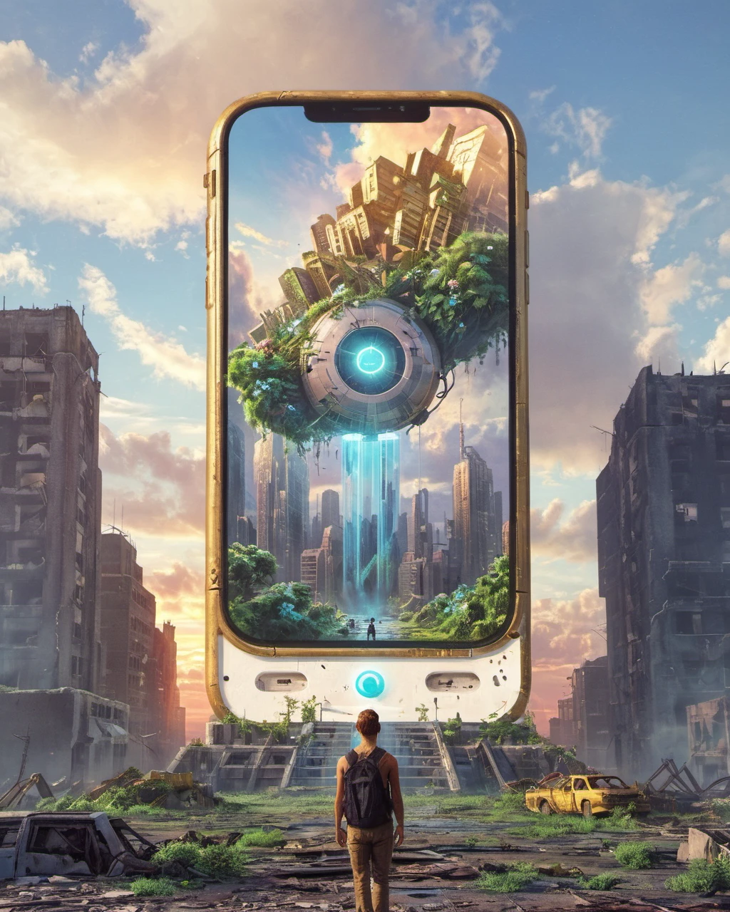 Beeple style, digital art, giant iphone in the center of a dystopian city of overgrown run down buildings, cloudy blue sky, sunset, golden hour light, meticulous detail