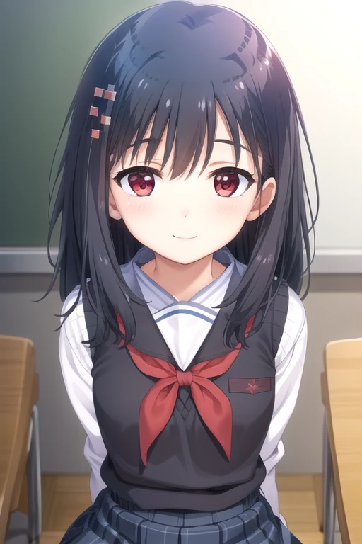 ((masterpiece)),(best quality),official art,extremely detailed CG,unity 8k wallpaper,ultra detailed,beautiful detailed eyes,extremely detailed face,classroom,1girl,solo,upper body,(portrait:1.5),looking at viewer,facing viewer,(petite:1.2),smile,Onami Akane,long hair,black hair,hair ornament,red eyes,sweater vest,serafuku,white shirt,long sleeve shirt,red neckerchief,small breasts,blue skirt,pleated skirt,plaid skirt,black pantyhose,loafers,<lora:Onami Akane(oazgs)>,