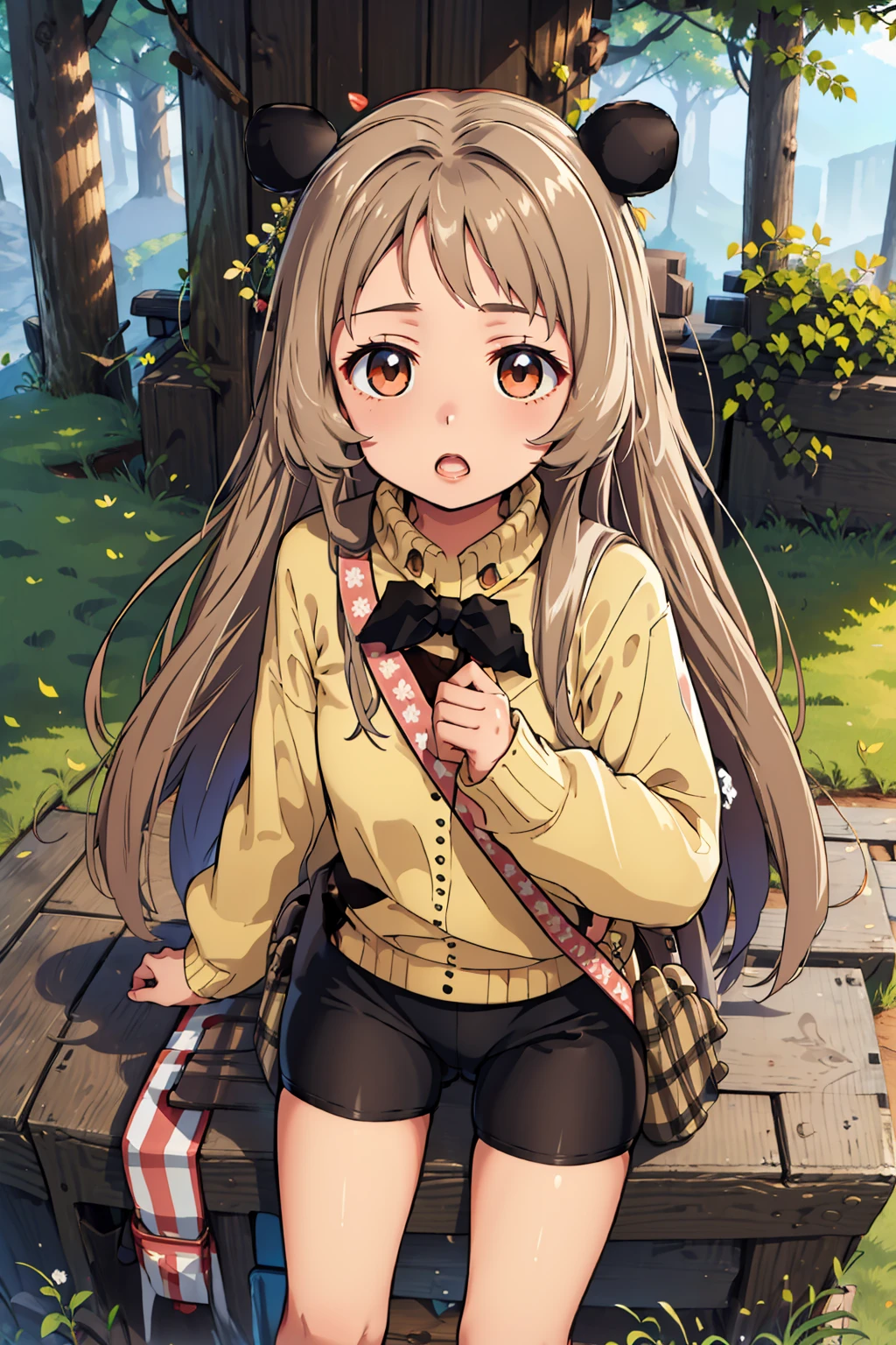 (masterpiece, best quality:1.2), solo, 1girl, ru-tyan, tiny girl, black bear ears, light brown long hair, brown eyes, yellow sweater, bike shorts, shoulder bag, looking at viewer, beautiful forest landscape, <lora:ru-tyan_3:0.9>