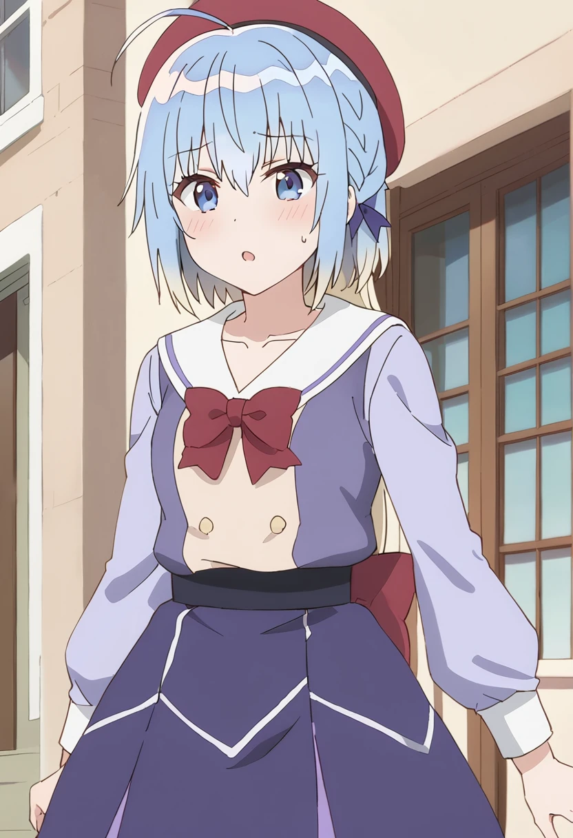 1girl, haiselita aldridge, anime screencap, solo, blue hair, beret, blue eyes, looking at viewer, ahoge, blush, eyebrows visible through hair, open mouth, collarbone, sweatdrop, short hair, light blue hair, red headwear, sweat, parted lips, hair ribbon, hair between eyes, multicolored hair, gradient hair, :o, blonde hair, cowboy shot, red bow, purple dress, bowtie, puffy long sleeves, purple neckwear, standing, purple skirt, medium hair, silver hair, buttons, sailor dress, sidelocks, double-breasted, shiny, blue ribbon, shiny hair, tilted headwear, hair bow, side braid, sash, red neckwear, black ribbon, white sailor collar, purple ribbon, arms at sides, purple shirt, two-tone hair, hair ornament, long hair, blue bow, pleated dress, upper body, belt, sleeve cuffs, light blush, french braid, collared dress, outdoors, house, building, window, masterpiece, best quality <lora:haiselita_aldridge_sdxl_locon_ani_v1:0.7>