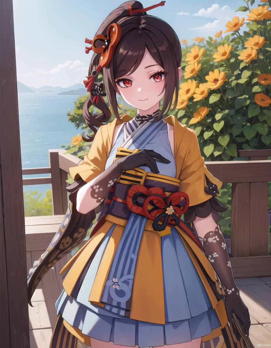 genshinchiori, <lora:genshin chiori ingamebooru-lora-nochekaiser:1>,
chiori, brown hair, hair ornament, (red eyes:1.3), flower, hair flower, smile,
BREAK gloves, japanese clothes, sash, obi,
BREAK outdoors,
BREAK looking at viewer, (cowboy shot:1.5),
BREAK <lyco:GoodHands-beta2:1>, (masterpiece:1.2), best quality, high resolution, unity 8k wallpaper, (illustration:0.8), (beautiful detailed eyes:1.6), extremely detailed face, perfect lighting, extremely detailed CG, (perfect hands, perfect anatomy),