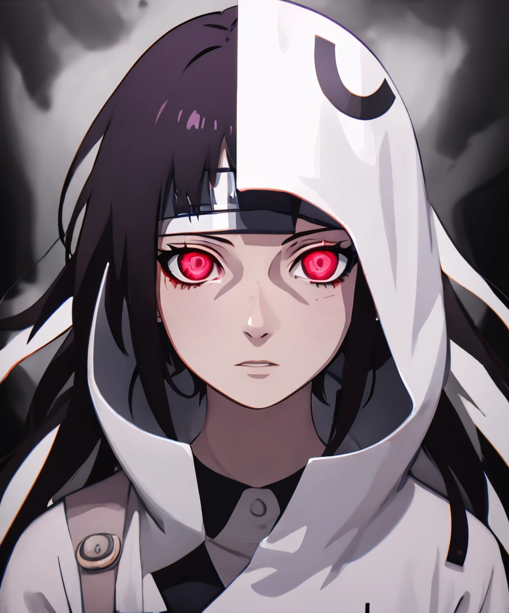 uchiha,mikan tsumiki,long hair,purple hair,(purple eyes:1.1),bangs,blunt bangs,1girl,black hair,headband,glowing,glowing eyes,glowing eye,(forehead protector:1.1),konohagakure symbol,symbol-shaped pupils,sheath,high collar,bandages,pale skin,black gloves,expressionless,solo,cowboy shot,<lora:uchiha_style-10:1.3>,<lora:mikantsumiki-lora-nochekaiser:0.8>,