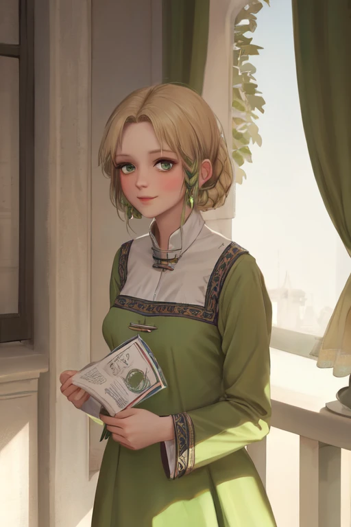 best quality, masterpiece, solo, Rya, green dress, green eyes, blonde hair, looking at viewer, on back <lora:rya 7:1>