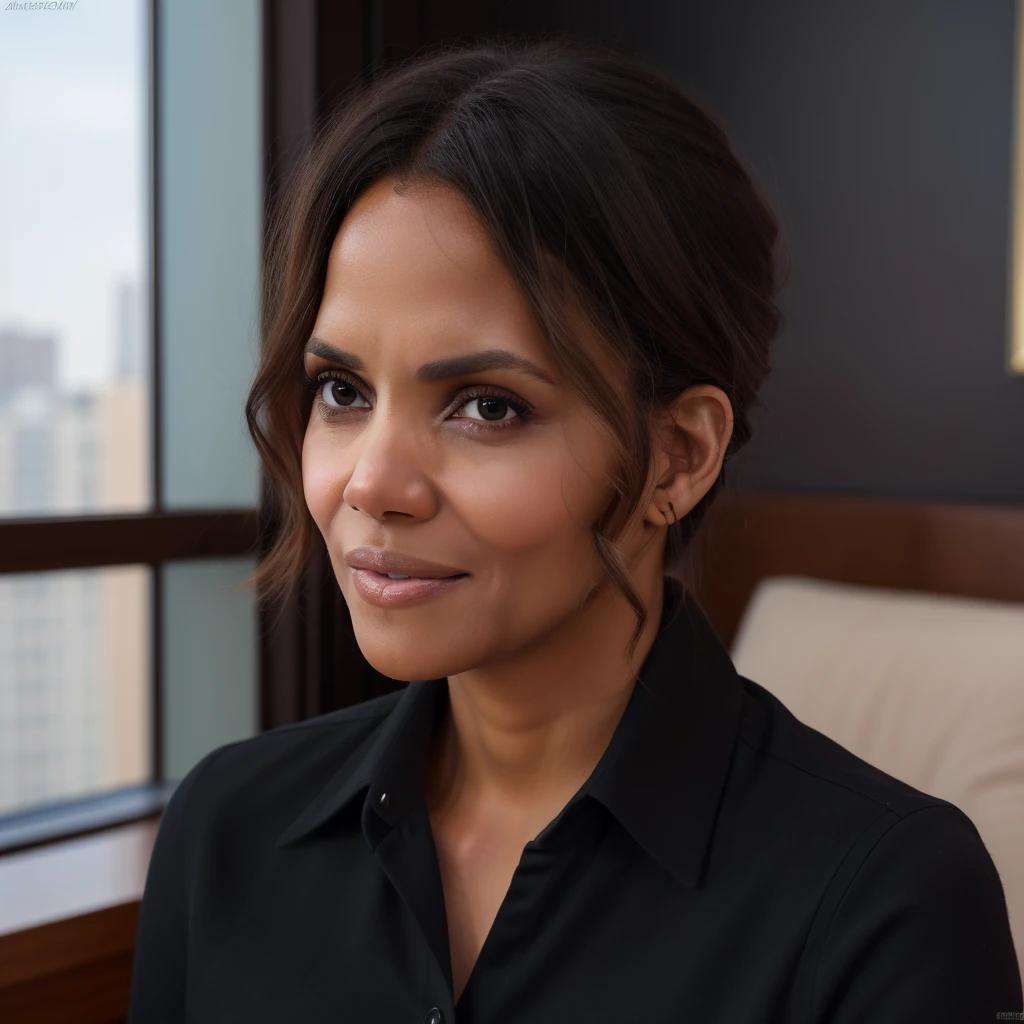 Best_QualityPos, RAW photo, intricate details, best quality, 8k uhd, soft lighting, 1girl, solo, halle berry, brown eyes, black hair, short hair, dark skin, black collared shirt <lora:Halle_Berry:0.5> <lora:backlight_slider_v10:-0.5>