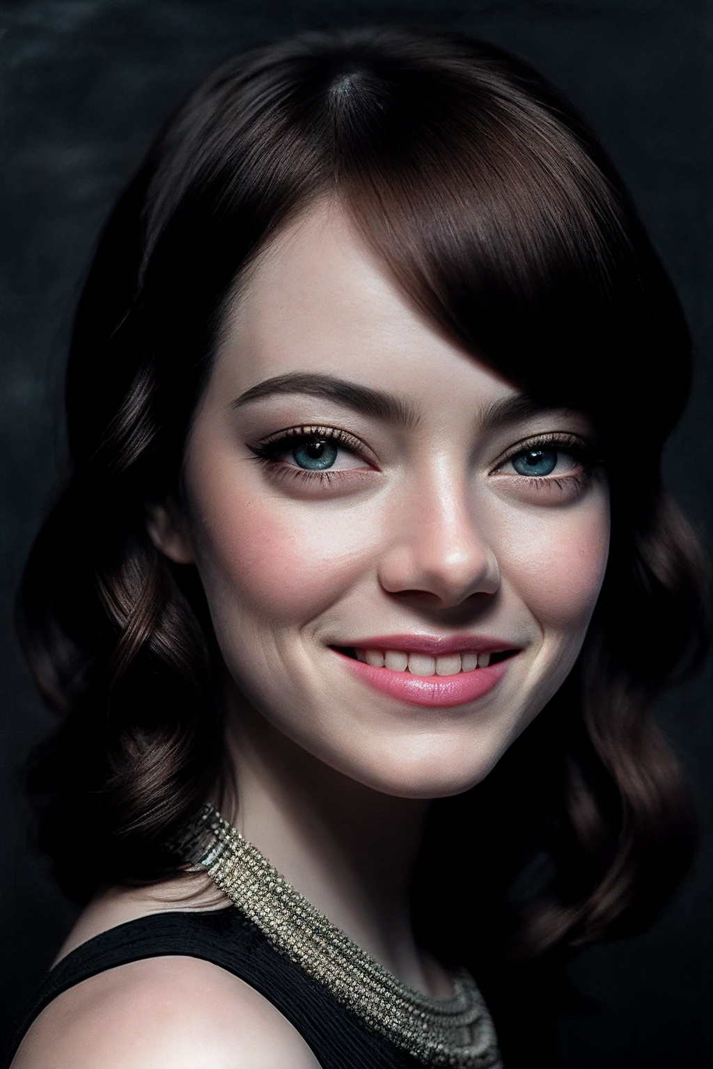 EmmaS_SoloTI_v1,
a woman, perfect hair, posing, (vintage photo, tunic), (closeup portrait), necklace, 24mm, (tintype), (analog, cinematic, film grain:1.3), ((plaing Charcoal Gray background, gradient)), ((detailed eyes)), smiling,
<lora:add_detail:0.6>, <lora:LowRa:0.8>