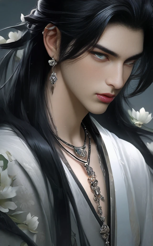 masterpiece, best quality
1boy, black hair, closed mouth, flower, from side, jewelry, lips, long hair, looking at viewer, male focus, necklace, realistic, solo, upper body, white flower