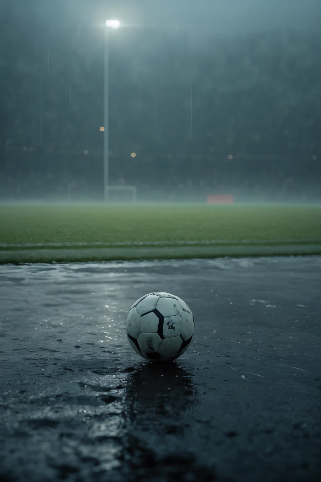 <lora:t1hal:1> a soccer ball on the ground over football field in the style of t1hal