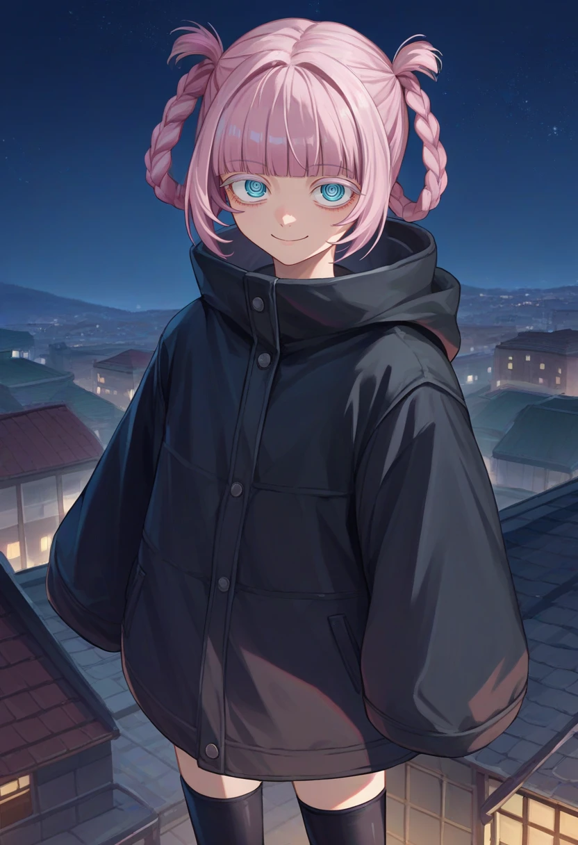 score_9, score_8_up, score_7_up, source_anime, solo, 1girl, nanakusa nazuna, smile, looking at viewer, standing, pink hair, braid, hair rings, ringed eyes, black coat, long sleeves, black thighhighs, night, outdoors, rooftop <lora:callofthenight_nanakusa_ponyXL:1>