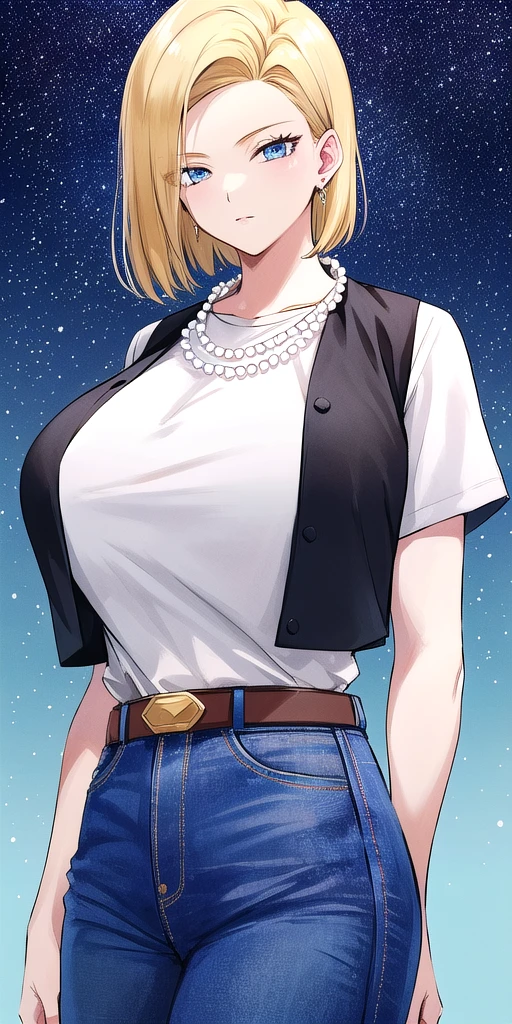 <lora:Lazuli18gouV1:0.7> lazuli18gou, huge_breasts, standing, solo, Black_vest_White_shirt_short_sleeves_Jeans_high-waist_pants_Belt_Pearl_necklace, starry_sky,, masterpiece, best_quality, detailed_face, detailed_eyes, highres, beautiful, detailed, absurdres,