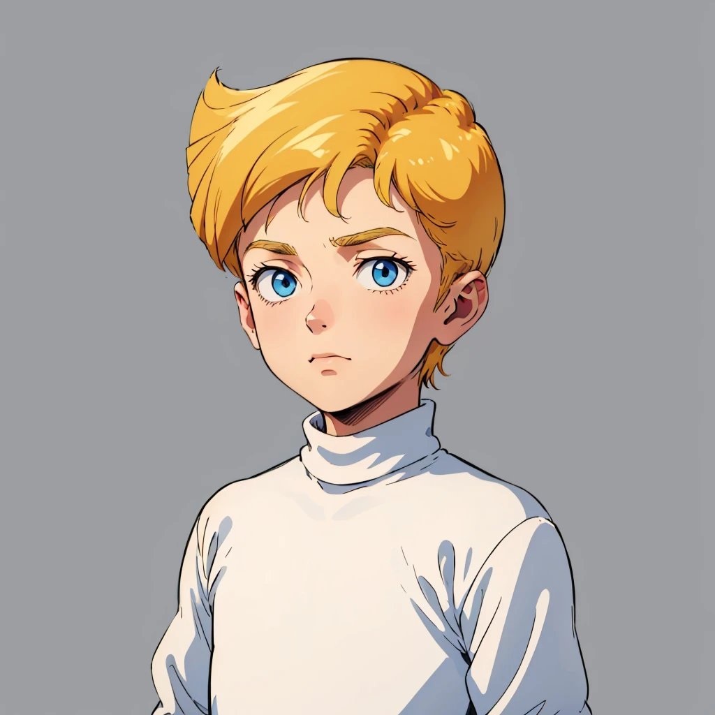 1boy, solo, Norman, blue eyes, blonde hair, short hair, retro artstyle,  child, white shirt, turtleneck,  <lora:Norman_TotallySpies_Leaf3-10:0.6>, cowboy shot, arms at sides, simple background,  white background,