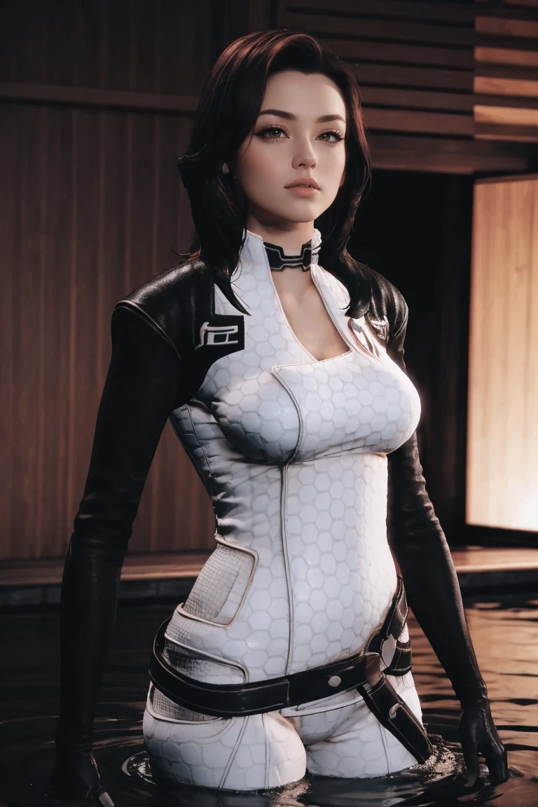 masterpiece, best quality, high quality, highres, wading,looking at viewer,solo,water, sunset, onsen, wisteria,moody lighting, BREAK, 
GAME_MassEffect_Miranda_ownwaifu, www.ownwaifu.com, 
1girl, black hair, breasts, long hair, lips, black eyes, blue eyes, large breasts,  makeup, nose, brown hair, collar, lipstick,  black collar, 
bodysuit, choker, jacket, belt, fishnets, cleavage,gloves, fishnet legwear, fingerless gloves,fishnet bodysuit, spacesuit,white bodysuit, cropped jacket, holster, long sleeves, leather jacket, skin tight, 
<lora:GAME_MassEffect_Miranda_ownwaifu-15:0.9>