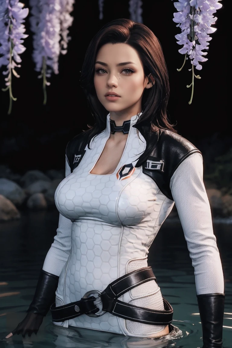 masterpiece, best quality, high quality, highres, wading,looking at viewer,solo,water, sunset, onsen, wisteria,moody lighting, BREAK, 
GAME_MassEffect_Miranda_ownwaifu, www.ownwaifu.com, 
1girl, black hair, breasts, long hair, lips, medium breasts,  black eyes, blue eyes, large breasts,  makeup, nose, brown hair, collar, lipstick,  black collar, 
bodysuit, choker, jacket, belt, fishnets, cleavage,gloves, fishnet legwear, fingerless gloves,fishnet bodysuit, spacesuit,white bodysuit, cropped jacket, holster, long sleeves, leather jacket, skin tight, 
<lora:GAME_MassEffect_Miranda_ownwaifu-15:0.7>