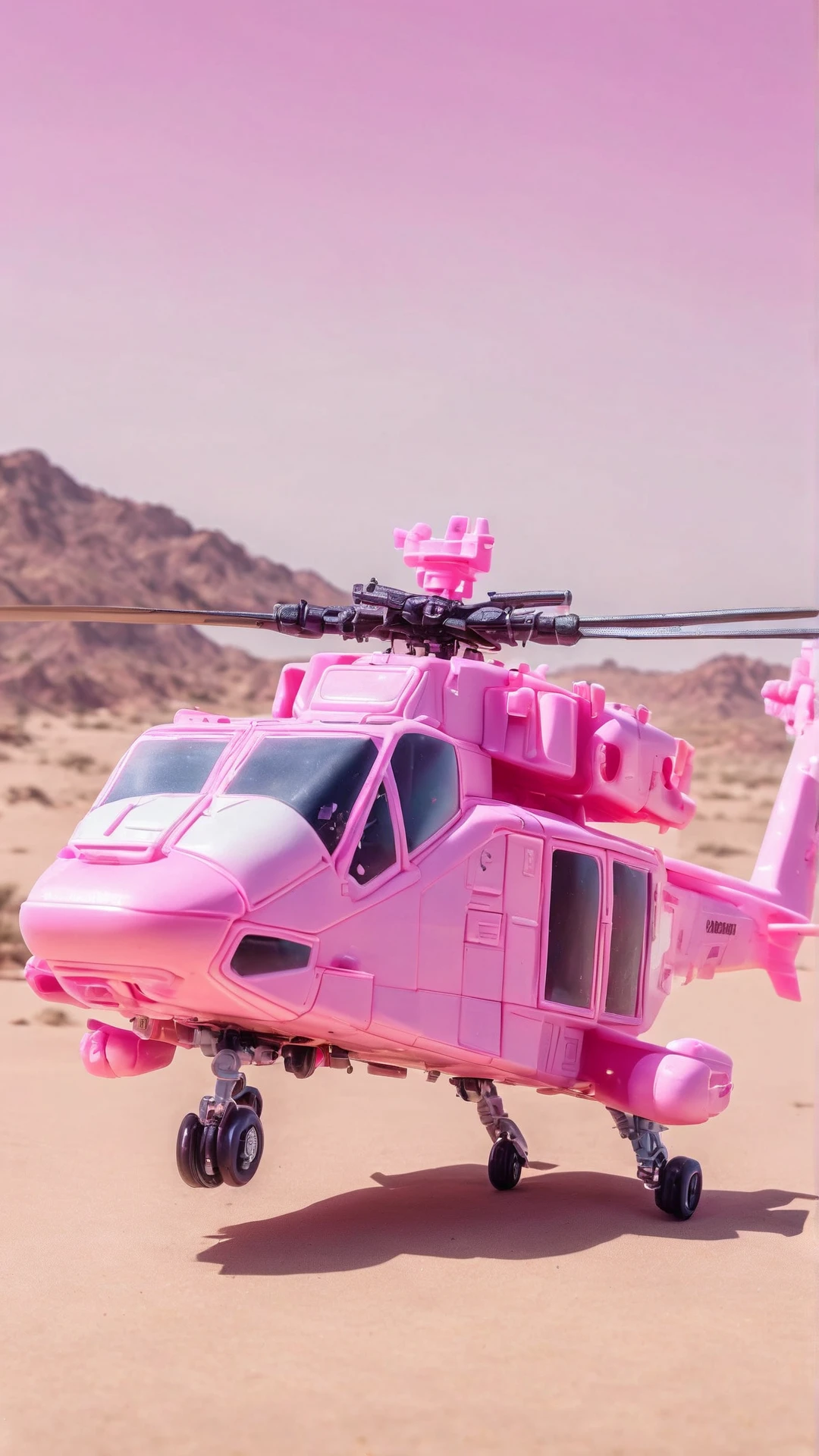 Cinematic photo of  <lora:BarbieCoreXL:1> BarbieCore Apache helicopter providing close air support, pink and white plastic (toy:0.4) in location: endless desert