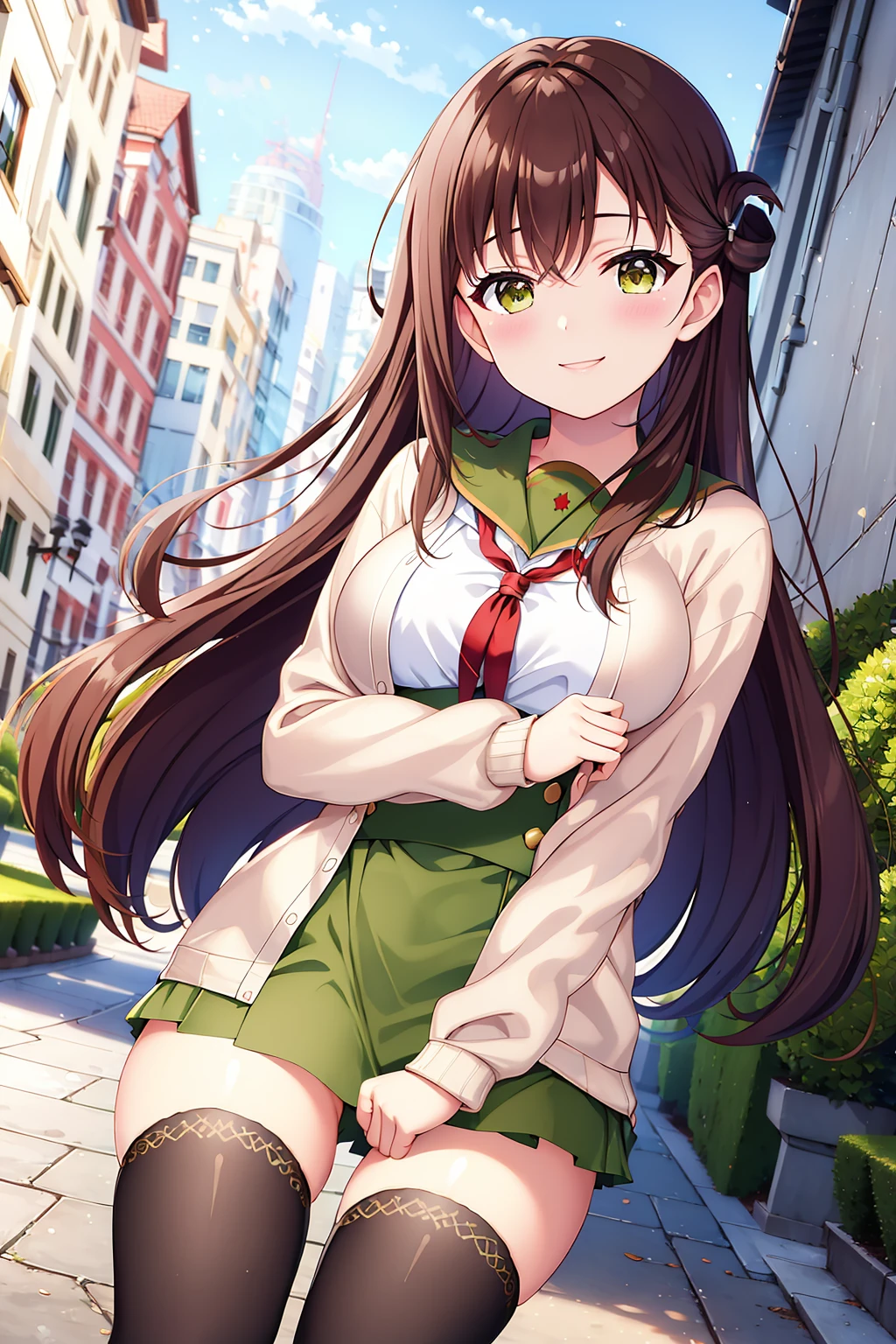 (masterpiece, best quality:1.2), 1girl, solo, yuri_wakasa, smile, laugh, brown hair, green eyes, tareme, long hair, hair clip, cardigan, (large breasts:1.2), black thighhighs, looking at viewer, outdoor, city landscape, <lora:wakasayuri_4:0.8>, <lora:GoodHands-beta2:1.2>