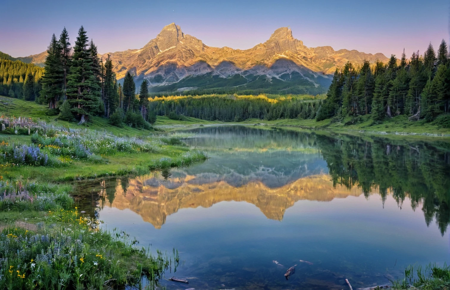 A serene mountain lake at sunrise,with the first light of day casting a warm,golden glow over the tranquil waters and the rugged peaks beyond. The sky,a gradient from soft pink to deep blue,reflects on the mirror-like surface of the lake,creating a symphony of colors. Surrounding the lake,dense forests of ancient pines climb the slopes,their tops touched by the morning light,turning them a vibrant green. In the foreground,a meadow filled with wildflowers in a myriad of colors leads to the water's edge,where a small wooden dock extends into the lake. Mist rises from the surface of the water,adding a mystical quality to the scene. The air is crisp and filled with the sounds of nature waking,the distant call of birds,and the gentle lapping of water against the shore. Mountains in the background catch the first rays of the sun,their snow-capped peaks glowing against the clear morning sky.,
<lora:Landscapes-v1.1:1>,