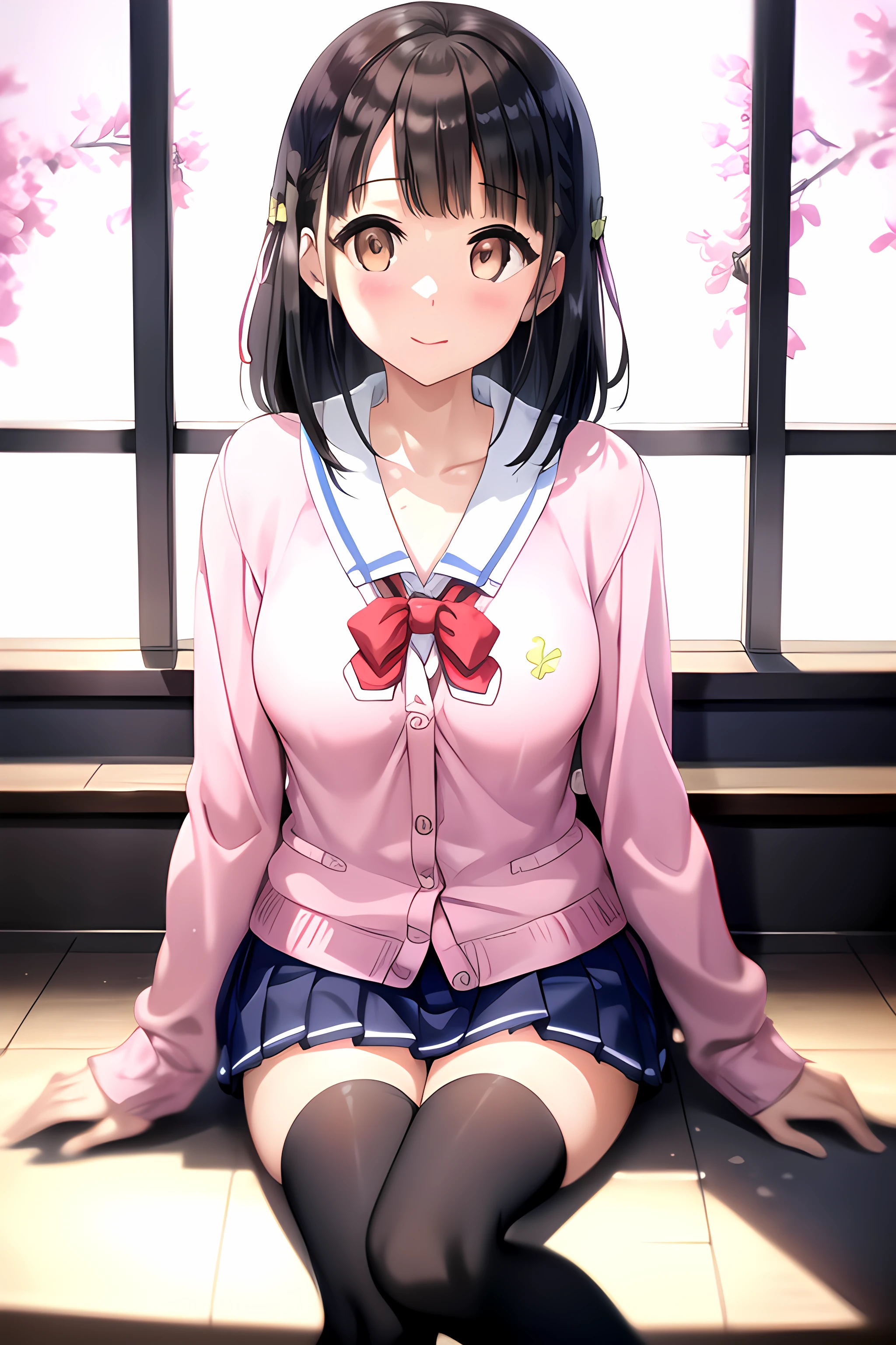 ((masterpiece, best quality)), 1girl,solo,sitting, bangs, (yui hanasaka \(uniform\) \(one room\)), black_hair,(close mouth),smile,blush, bow, brown_eyes, cardigan, collarbone, eyebrows_visible_through_hair, hair_ornament, hair_ribbon,long_sleeves, looking_at_viewer, (pink_cardigan), red_bow, ribbon, sailor_collar, (school_uniform),pleated_skirt,blue_skirt,((black thighhighs)),,,,,,extremely detailed CG unity 8k wallpaper, perfect lighting,Colorful, Bright_Front_face_Lighting,White skin, (masterpiece:1.0),(best_quality:1.0), ultra high res,4K,ultra-detailed, photography, 8K, HDR, highres, absurdres:1.2, Kodak portra 400, film grain, blurry background, bokeh:1.2, lens flare, vibrant_color,professional photograph,bow breasts, (beautiful_face:1),(detailed eyes),(narrow_waist),(Beautiful medium breasts),Beautiful Finger,Beautiful long legs,Beautiful body,Beautiful Nose,Beautiful character design, perfect face,perfect balance,(2d)