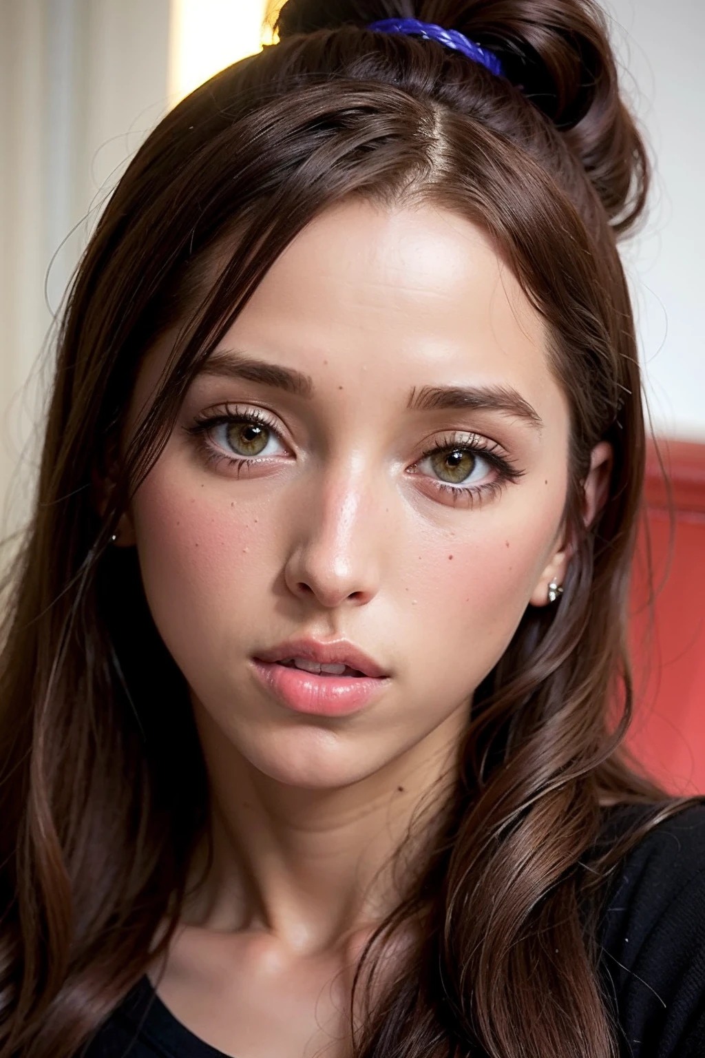 samantha shane , 1girl, face,extreme close-up, t-shirt, ponytail brown eyes, <lora:sspb_v1:1>