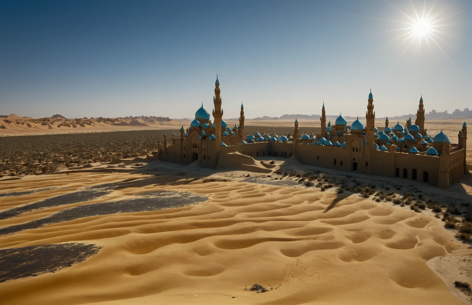 A vast desert at noon,under a blazing sun that casts sharp,contrasting shadows across undulating dunes of golden sand. The sky is a deep,clear blue,devoid of clouds,intensifying the vividness of the desert colors. On the horizon,an ancient,abandoned city emerges from the sand,its architecture a blend of towering spires and domed buildings,their surfaces sun-bleached but detailed with dark,shadowed recesses that hint at forgotten histories. In the foreground,a river of molten glass snakes through the desert,shimmering intensely under the sunlight,its banks dotted with vibrant,heat-resistant flora that thrives in this harsh environment. Around these oases,crystal formations catch the sunlight,refracting it into rainbows that dance across the sand. The scene is alive with the stark beauty of extreme light and shadow,highlighting the desert's mesmerizing patterns and textures,
<lora:Landscapes-v1.1-000009:1>,