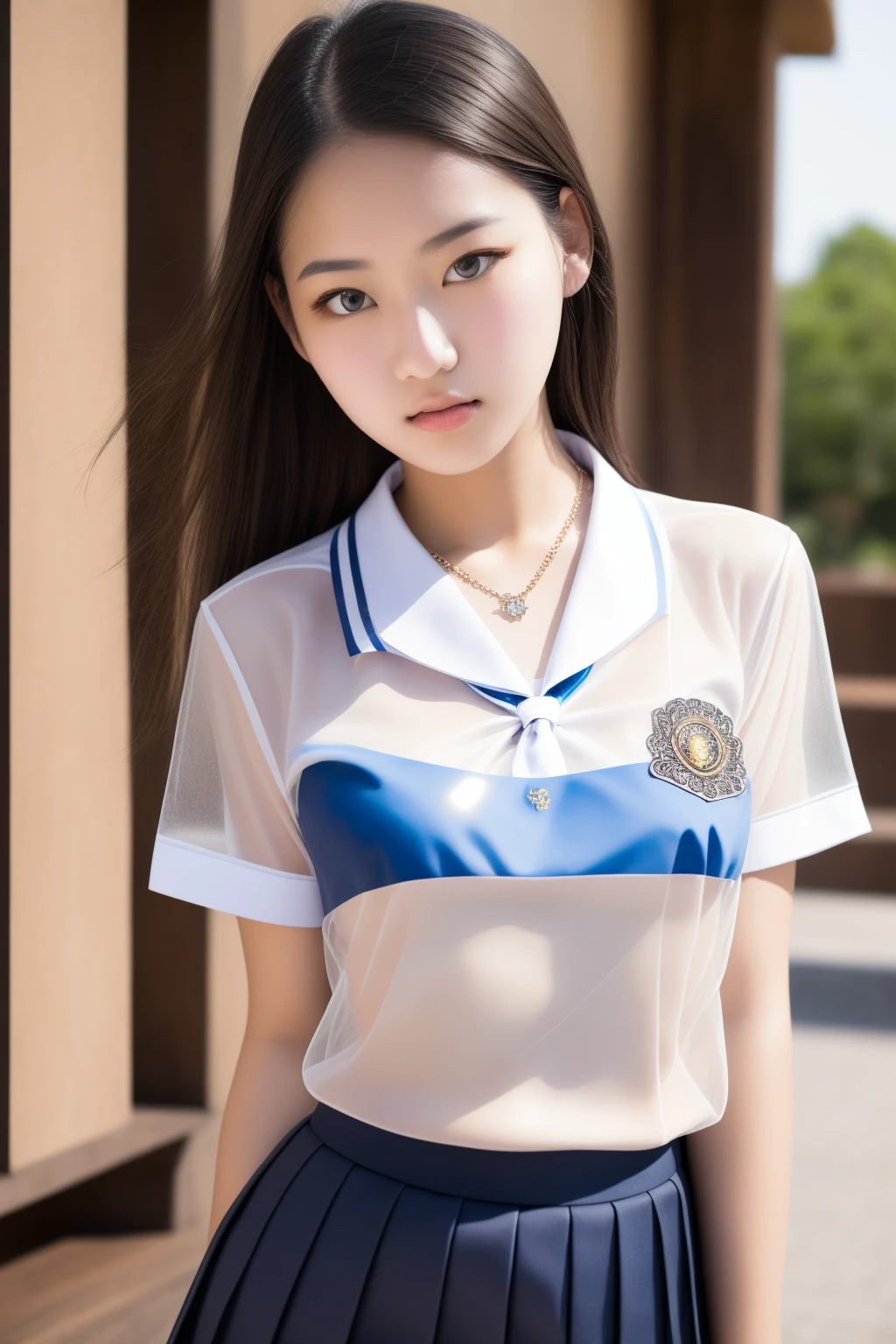 masterpiece,1girl,PERFECT FACE,((see-through)),(school uniform),luxury jewelry,cowboy_shot,<lora:lbc_see-t school_uniform_240311:0.9>,