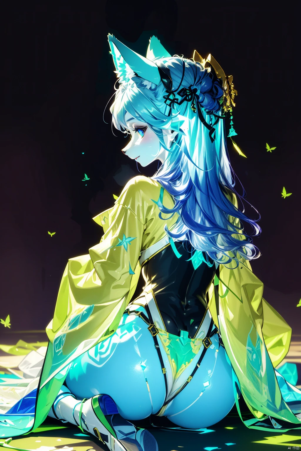 half furry,animal ears,furry:1.3, extremely delicate iridiscent a woman made of Translucent glowing glass, translucent, tiny golden accents, beautifully and intricately detailed, ethereal glow, whimsical, art by Mschiffer, best quality, glass art, magical holographic glow, half furry, FURRY,simple background,in the dark,sitting on bed,from_behind,catt ail<lora:EMS-309277-EMS:0.800000>