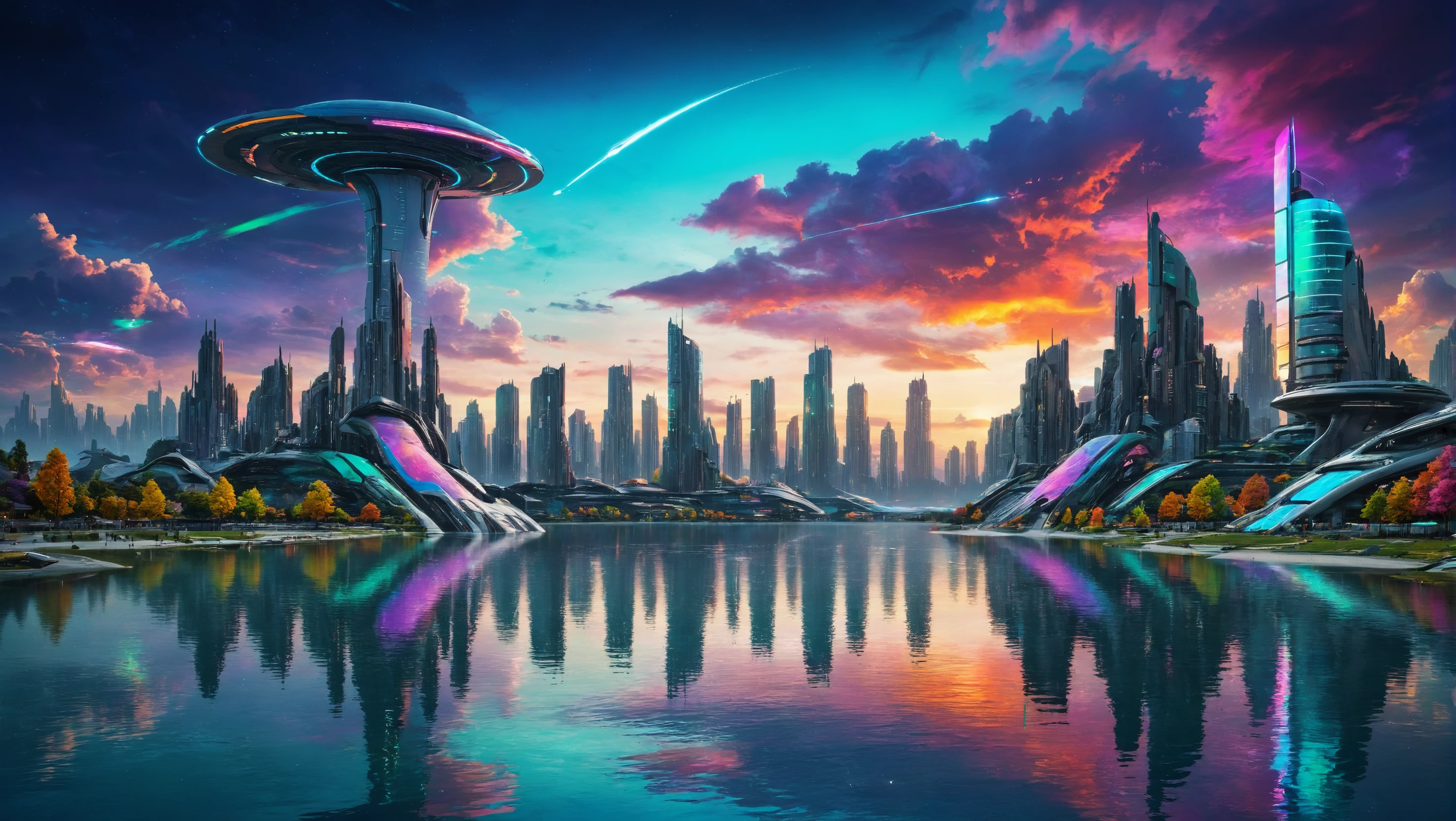 A futuristic cityscape,with a colorful,sky and a lake in the foreground,
<lora:Landscapes-v1.1:0.8>,