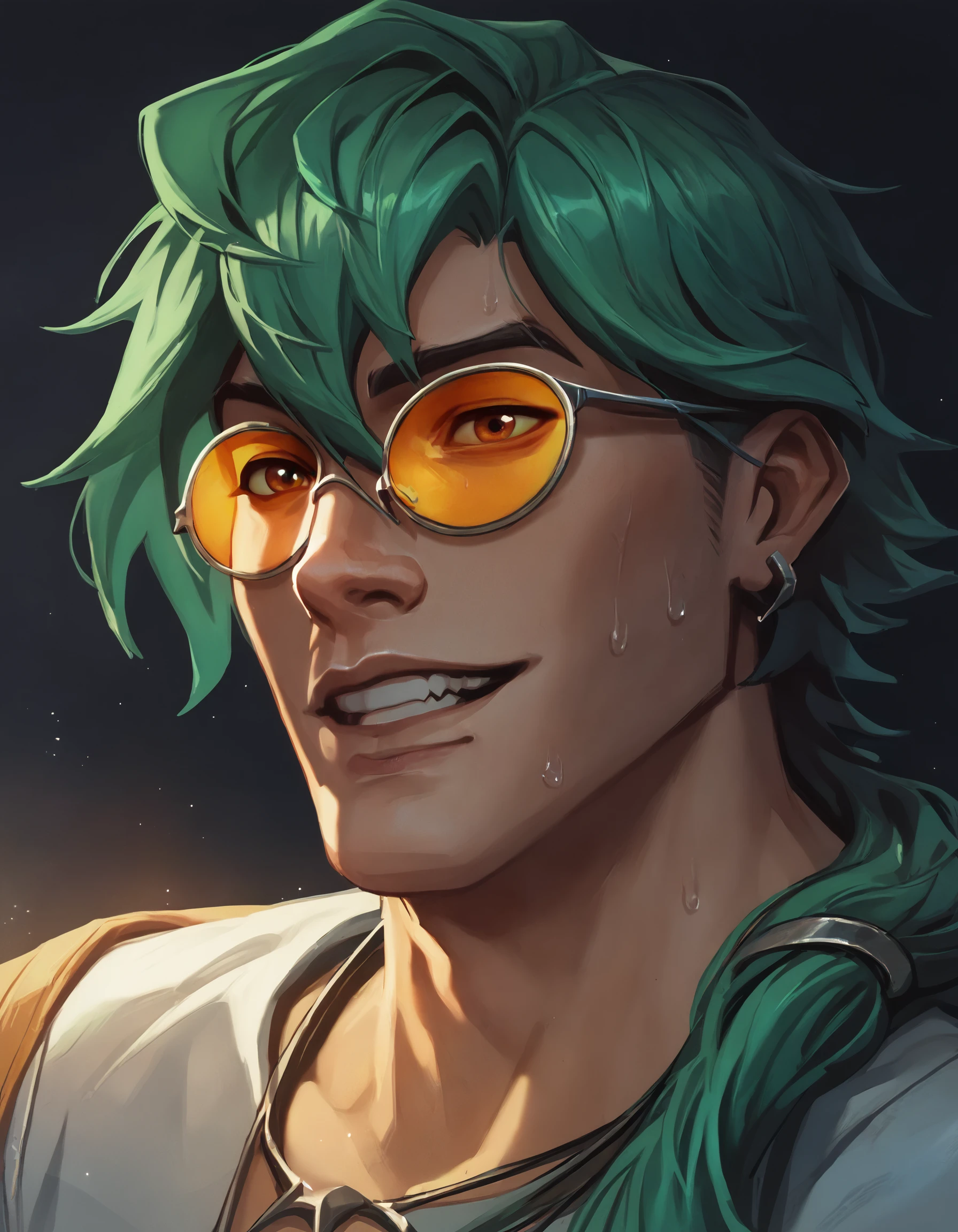 score_9, score_8_up, score_7_up, score_6_up, score_5_up, score_4_up, 1boy, Ezreal, League of Legends, hrstlxks style, long hair, smile, bangs, hair between eyes, jewelry, male focus, sweat, earrings, green hair, glasses, teeth, grin, sunglasses, portrait, carrot, tinted eyewear close-up, cinematic lighting, cinematic angle, dark, dark background, Wild Rift, <lora:HeartstlPonyXL:1>