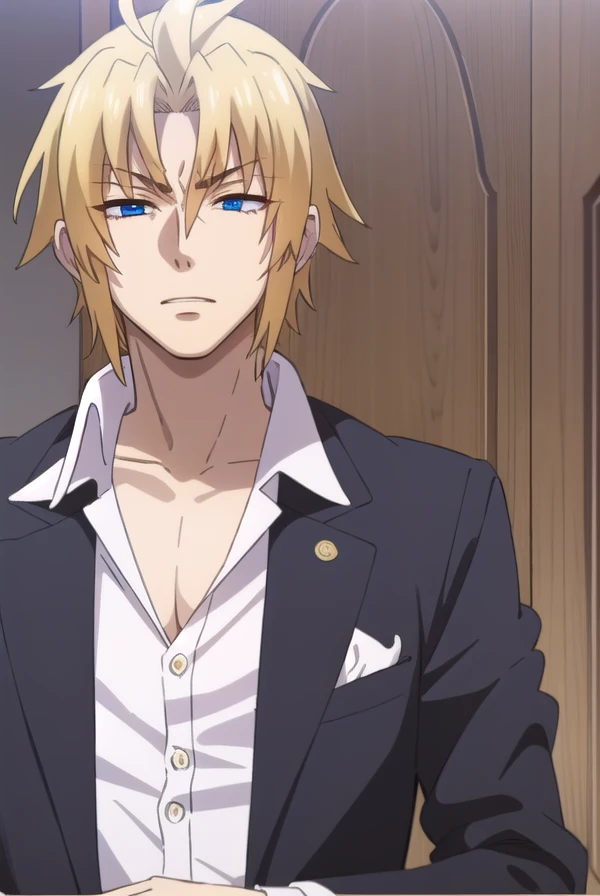 riserphenex, <lora:riser phenex s1-lora-nochekaiser:1>,
riser phenex, blonde hair, closed eyes, male focus, blue eyes, (parted bangs:1.5),
BREAK shirt, white shirt, collar shirt, high collar, blazer, red blazer, pants, red pants,
BREAK indoors,
BREAK looking at viewer, (cowboy shot:1.5),
BREAK <lyco:GoodHands-beta2:1>, (masterpiece:1.2), best quality, high resolution, unity 8k wallpaper, (illustration:0.8), (beautiful detailed eyes:1.6), extremely detailed face, perfect lighting, extremely detailed CG, (perfect hands, perfect anatomy),