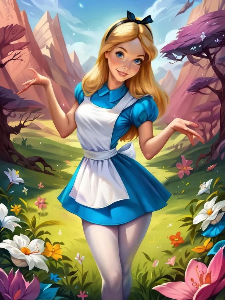 core_9, score_8_up, score_7_up, score_6_up, AliceWaifu walking in a forest around multiple flowers, magic particles, leaning forward, cute pose, medium breasts, narrow waist, wide hips, thick thighs, cinematic, naughty face, smile, blue eyes, blue dress, white pantyhose, apron, black hairband, blonde, disney style, looking at viewer, realistic, cute, alice (alice in wonderland),
detailed landscape, cowboy shot,
<lora:AliceInWonderlandXLPony_character:0.8>