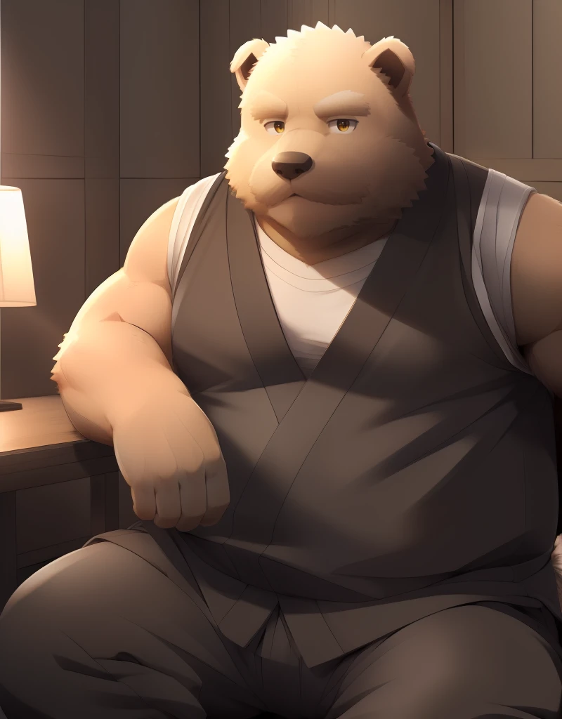 ((Masterpiece)),((Hight quality)),((Hught Detailed)),((Realistic,)) Anime Artistic masterpiece art, Concept anime art, Furry character, full body picture, Furry character, Kemono art, Anime very Obese Anthro Werebear, a full body image, He is a huge, strong boy who is playing with his cell phone in his small room on a hot day, Anime Style